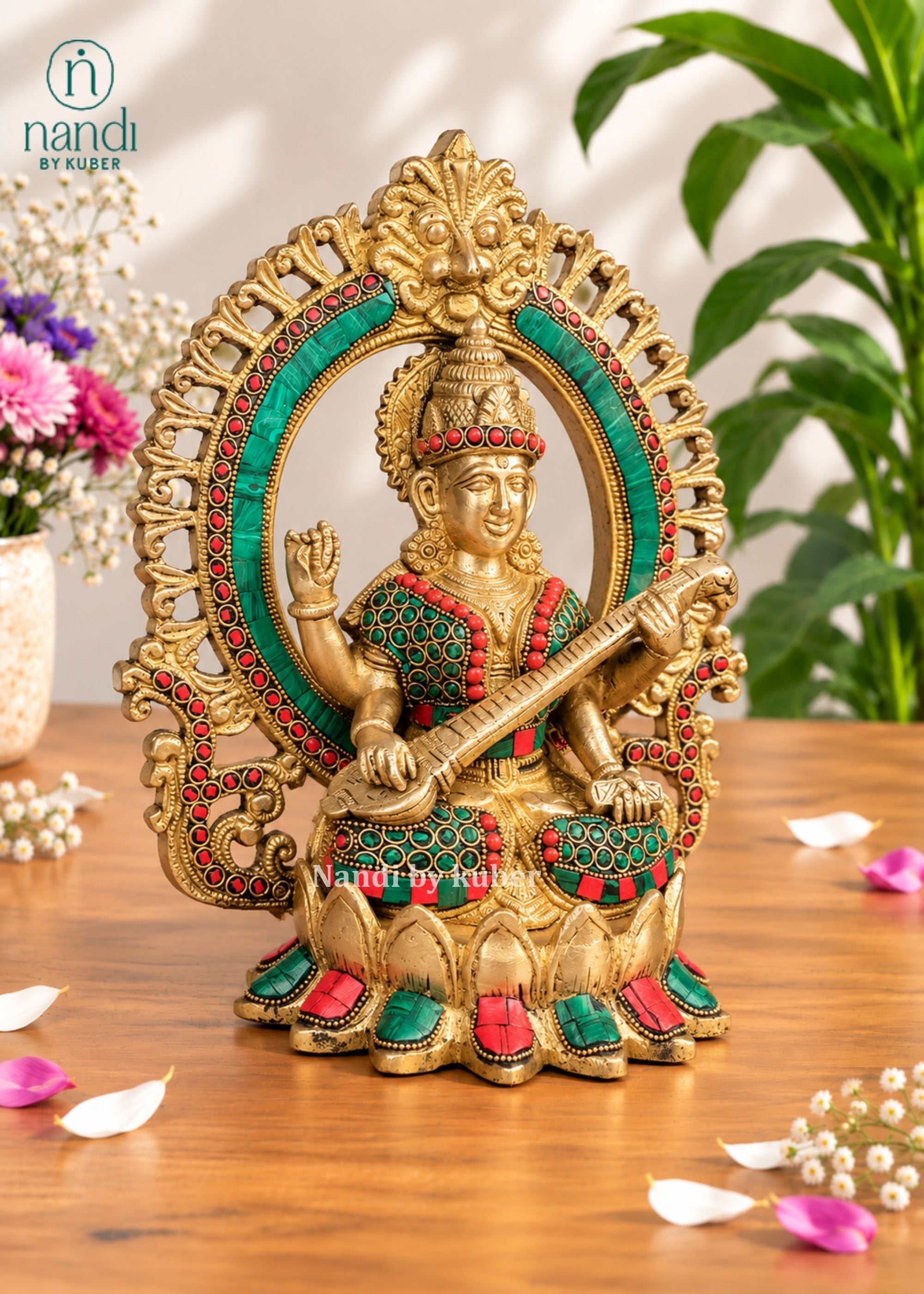 Brass Lotus Saraswati With Ring - angle 3