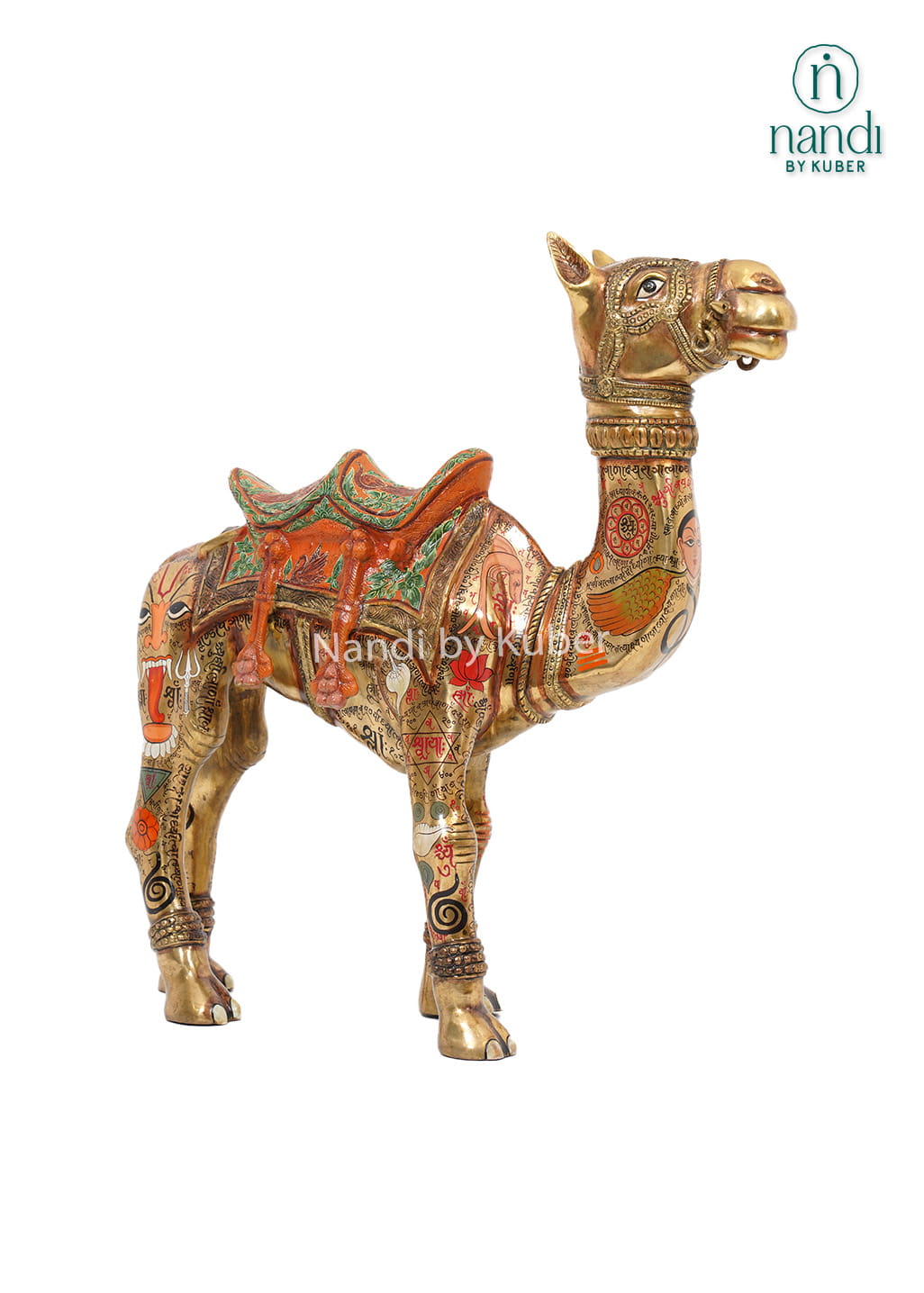Decorative brass camel statue featuring traditional Tantrik painting, vibrant handcrafted artwork, and intricate detailing for luxury home décor.