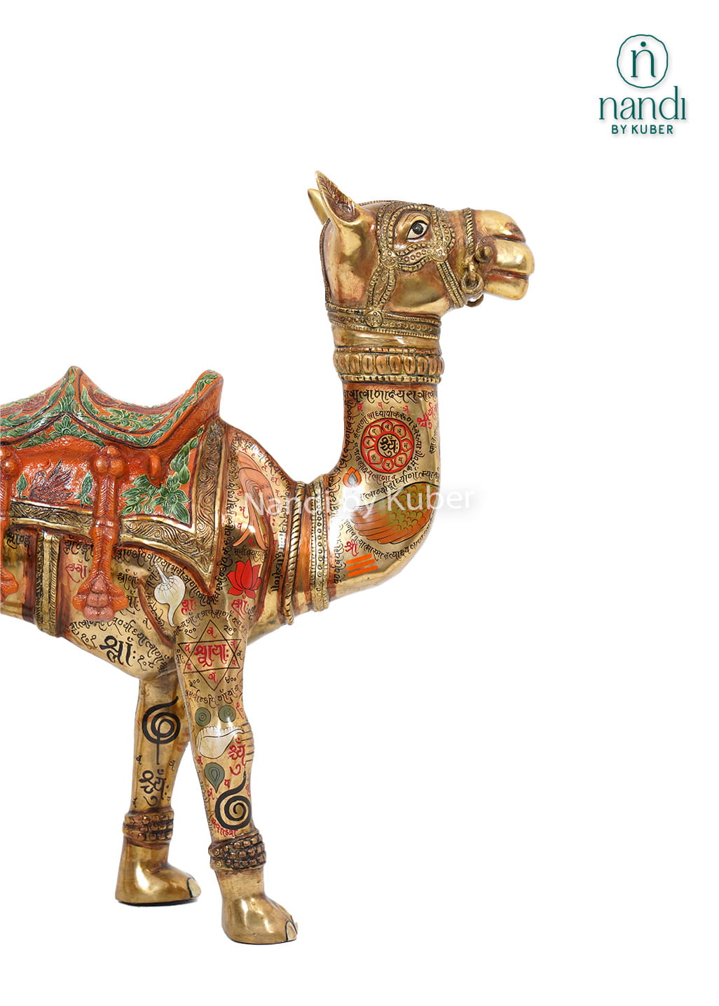 Decorative brass camel statue featuring traditional Tantrik painting, vibrant handcrafted artwork, and intricate detailing for luxury home décor.