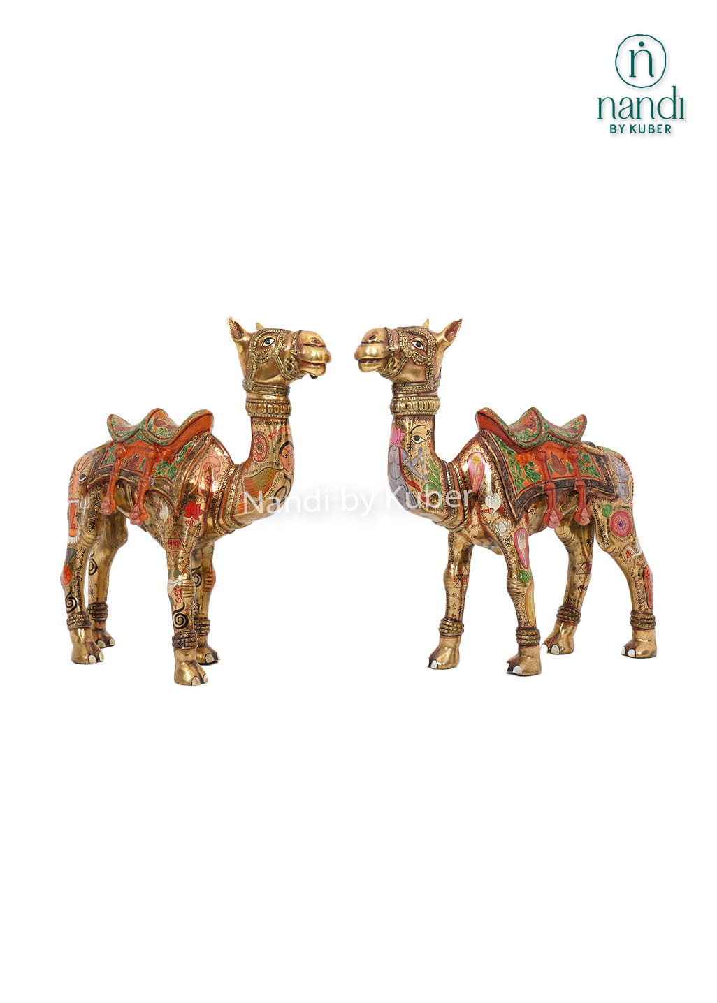 Decorative brass camel statue featuring traditional Tantrik painting, vibrant handcrafted artwork, and intricate detailing for luxury home décor.