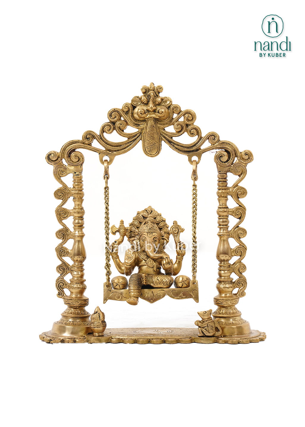 Traditional brass Ganesha Jhula featuring an intricately carved swing frame with Lord Ganesha idol for home temples and spiritual décor.