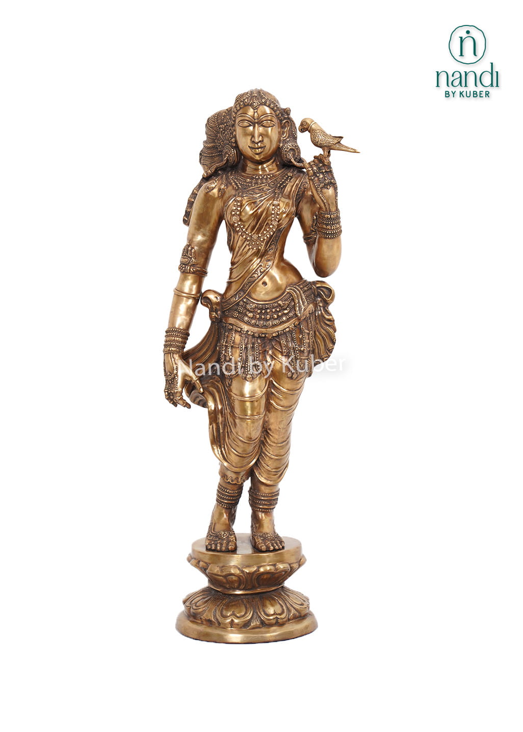 Decorative brass lady statue with a bird on her shoulder, standing on a carved round base with intricate handcrafted detailing.