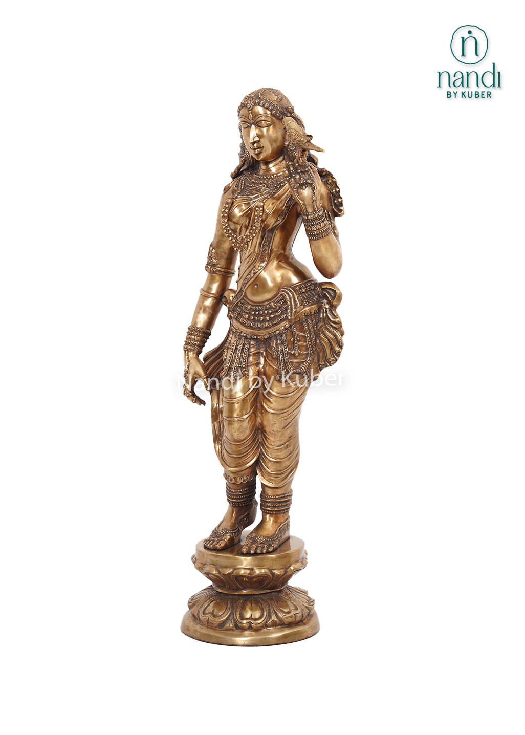 Decorative brass lady statue with a bird on her shoulder, standing on a carved round base with intricate handcrafted detailing.