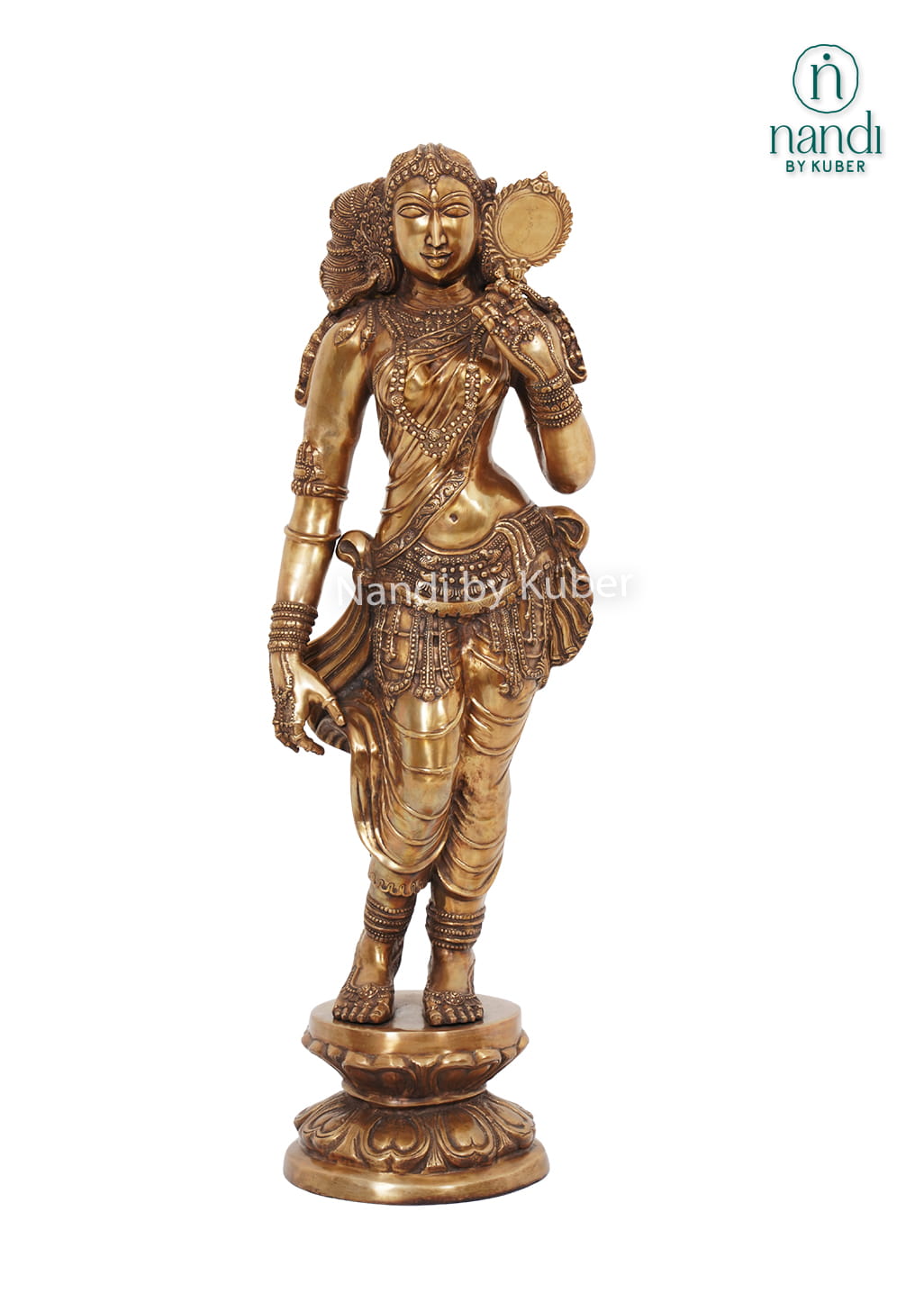Decorative brass lady statue holding a mirror, standing on a carved round base with intricate handcrafted detailing.