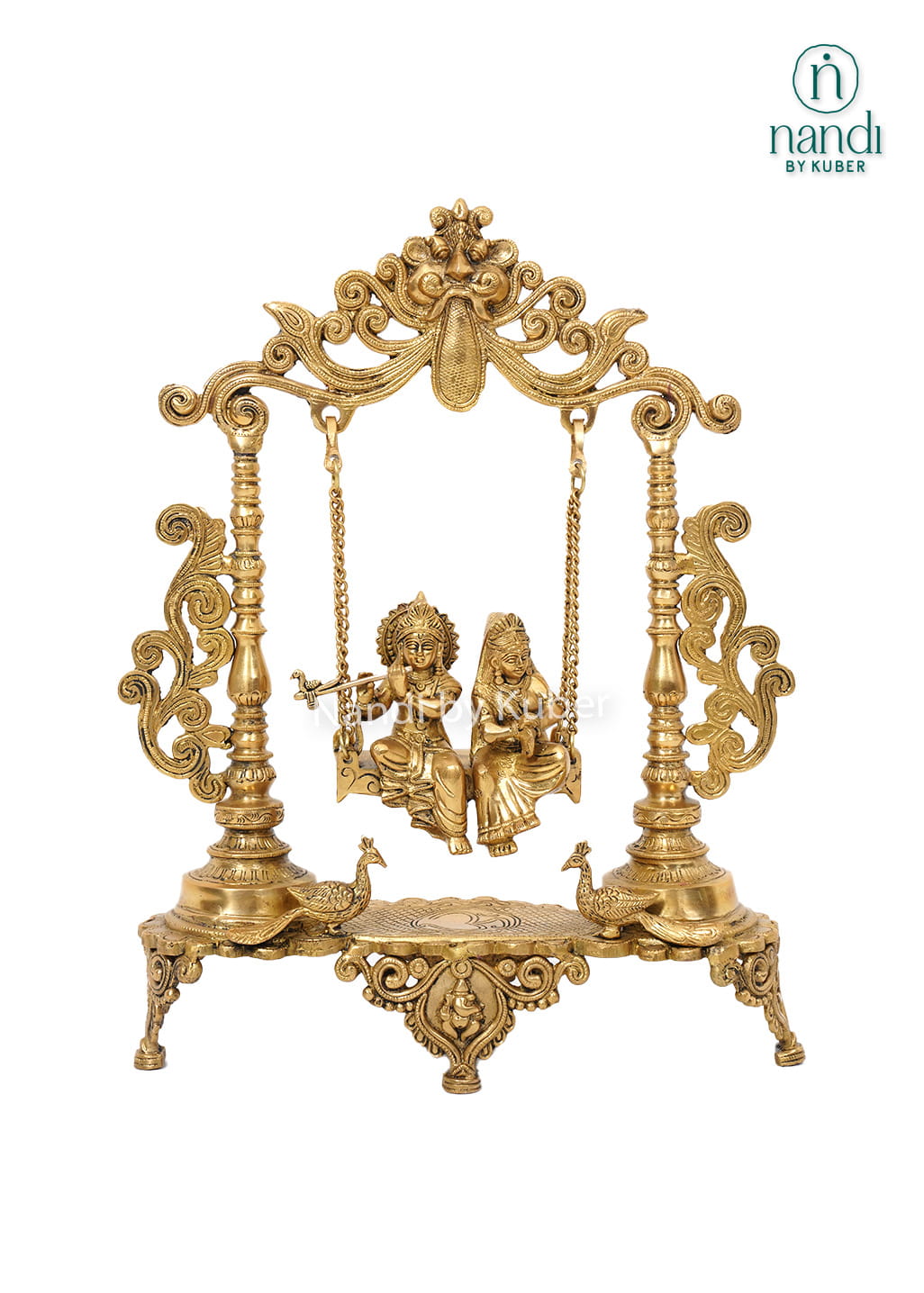 Traditional brass Radha Krishna Jhula featuring intricately carved pillars and a decorative swing for home temples and spiritual décor.