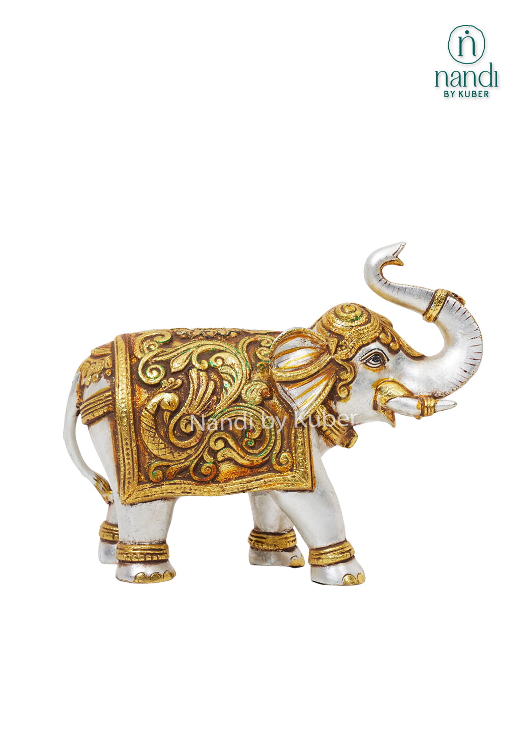Handcrafted brass elephant with silver and gold detailing and ornate bell carving for luxury home décor.