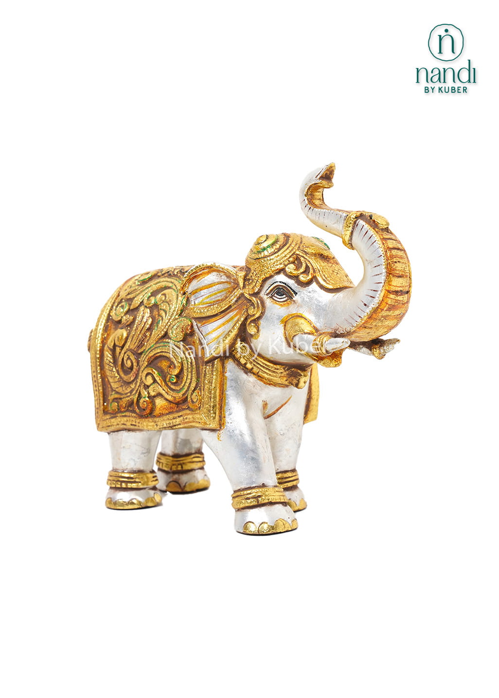 Handcrafted brass elephant with silver and gold detailing and ornate bell carving for luxury home décor.
