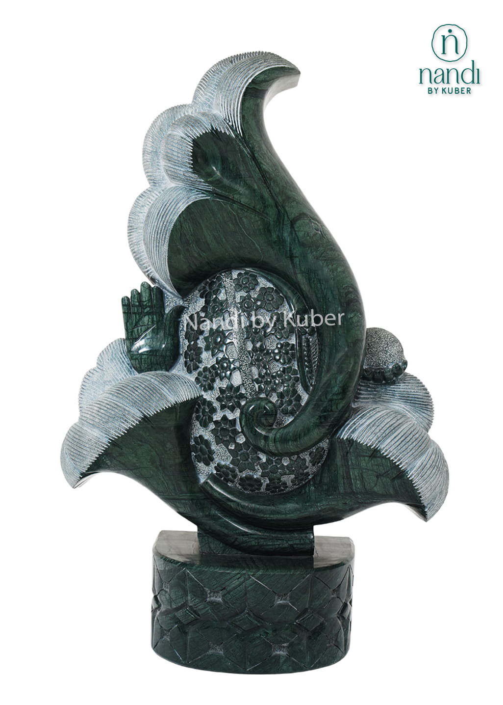Abstract green stone Lord Ganesha statue handcrafted with elegant curves and a polished finish for luxury home décor.