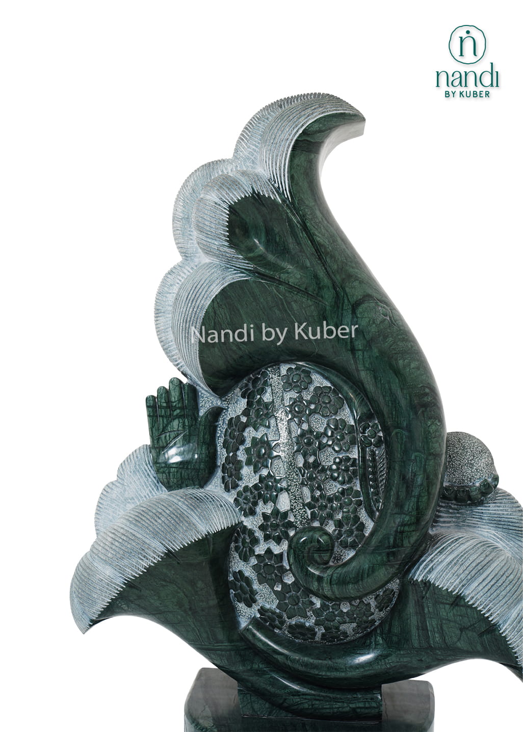 Abstract green stone Lord Ganesha statue handcrafted with elegant curves and a polished finish for luxury home décor.