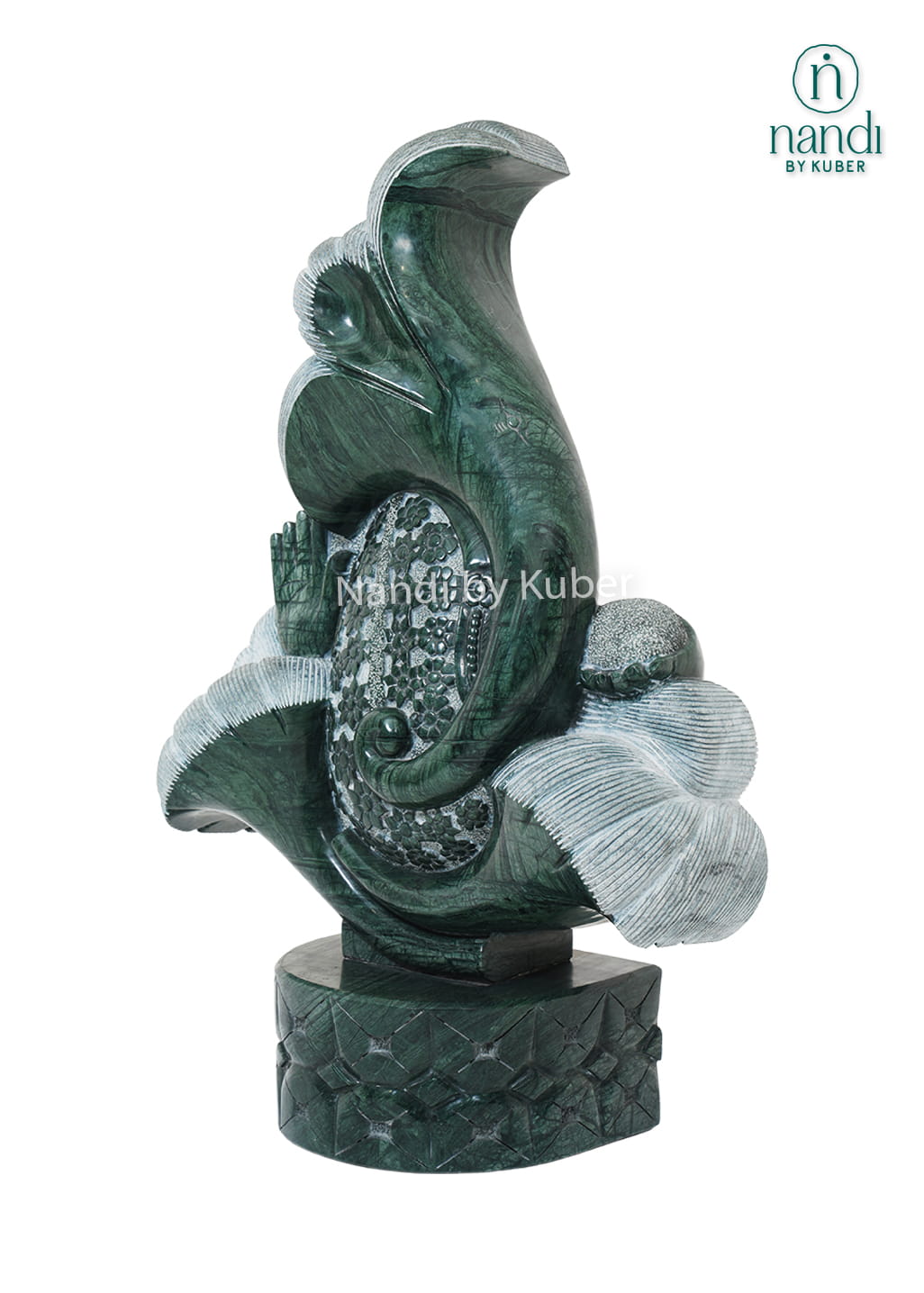 Abstract green stone Lord Ganesha statue handcrafted with elegant curves and a polished finish for luxury home décor.