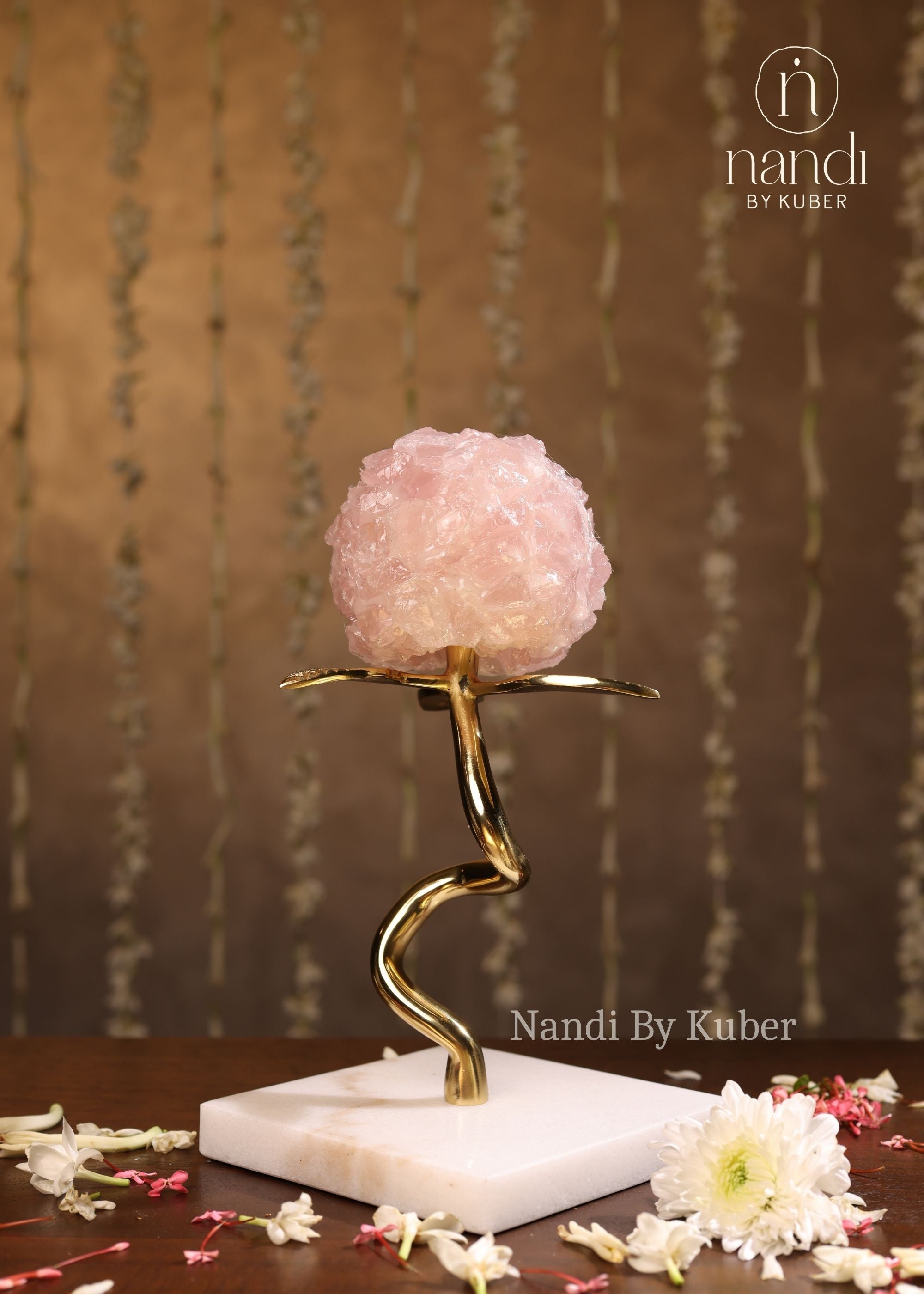 Flower Ball with Marble Base Rose 9 inch - front view