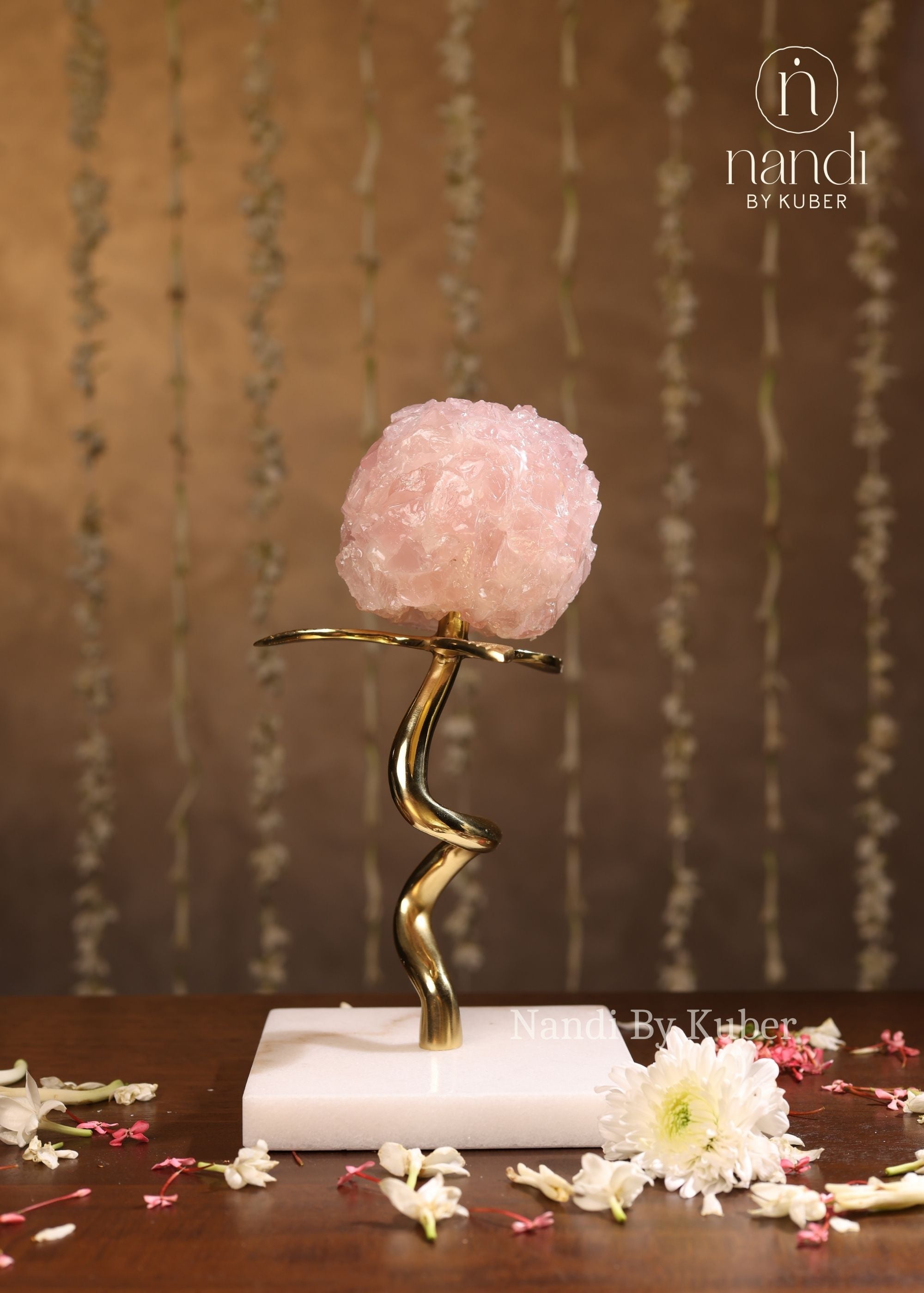 Flower Ball with Marble Base Rose 9 inch - side view