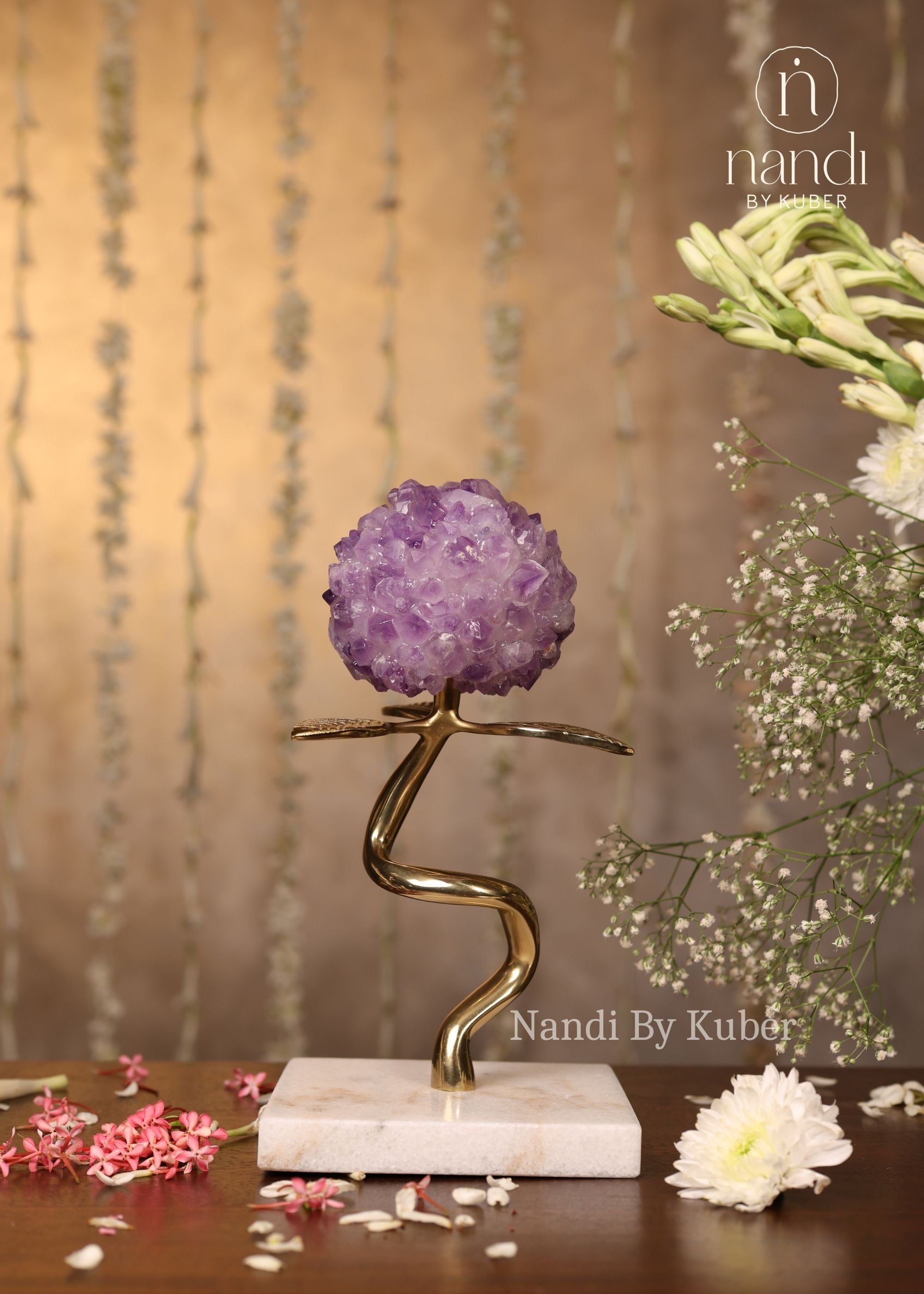 Flower Ball with Marble Base Amethyst 9 inch - front view