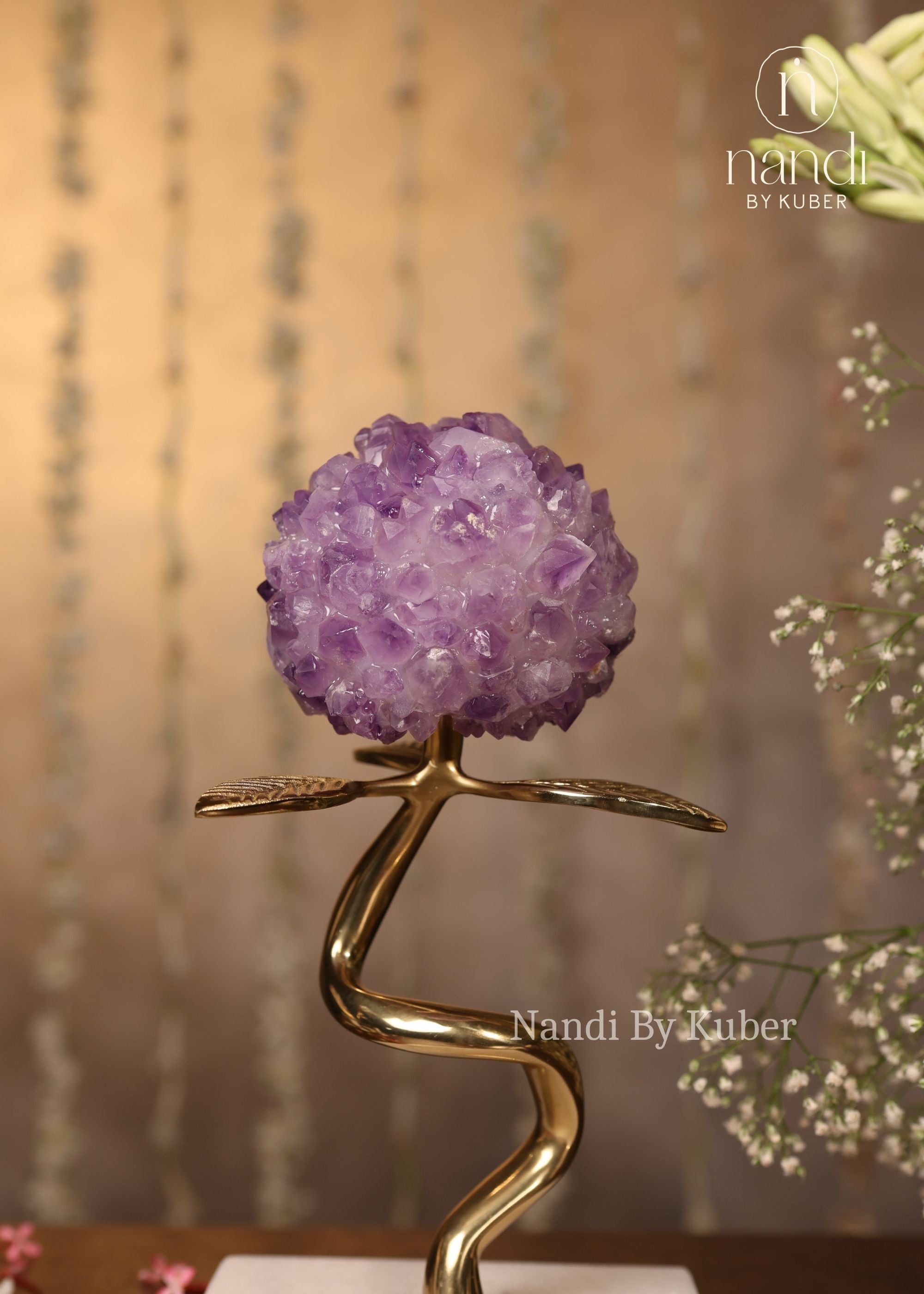 Flower Ball with Marble Base Amethyst 9 inch - side view