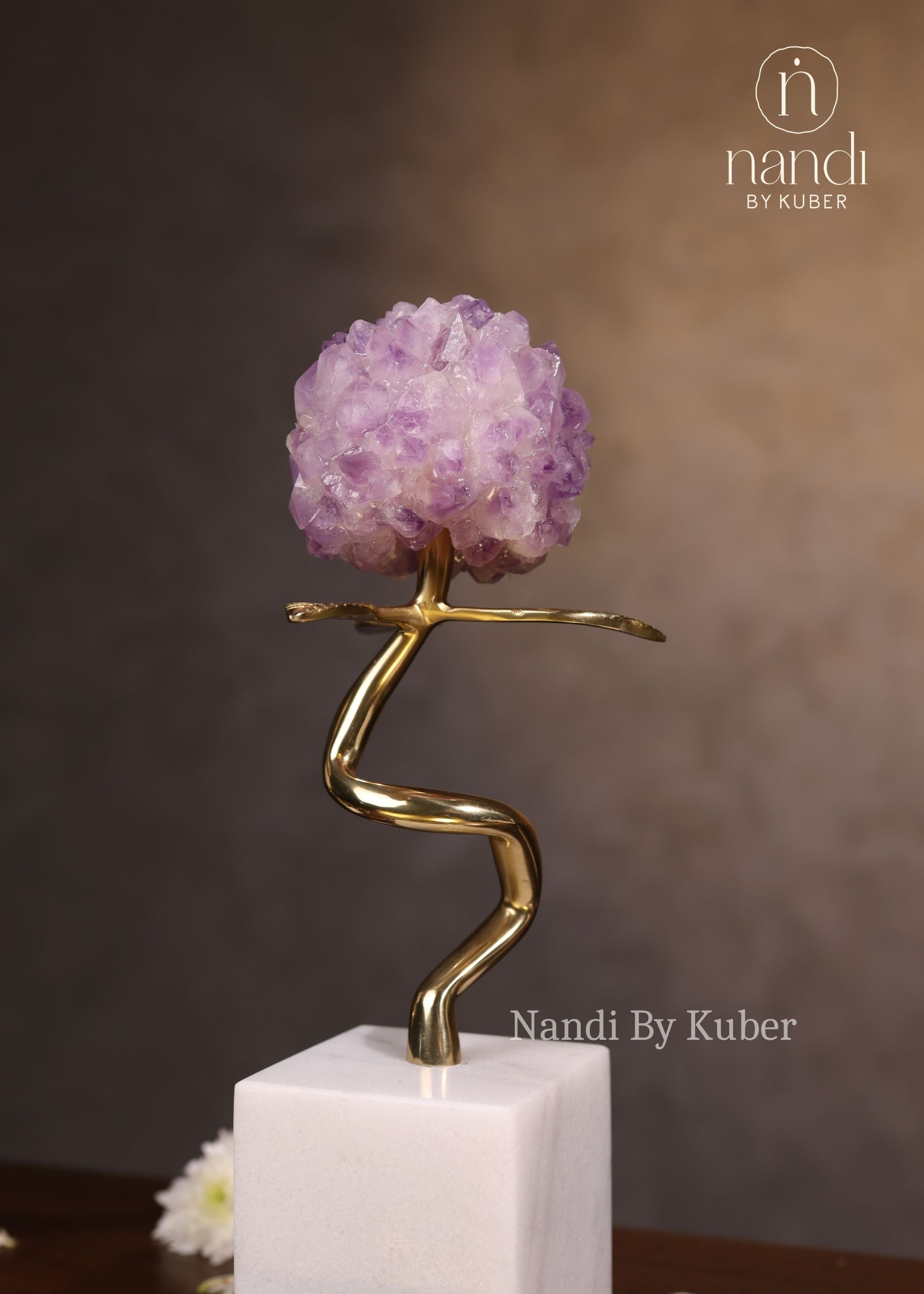 Flower Ball with Marble Base Amethyst 12 inch - side view