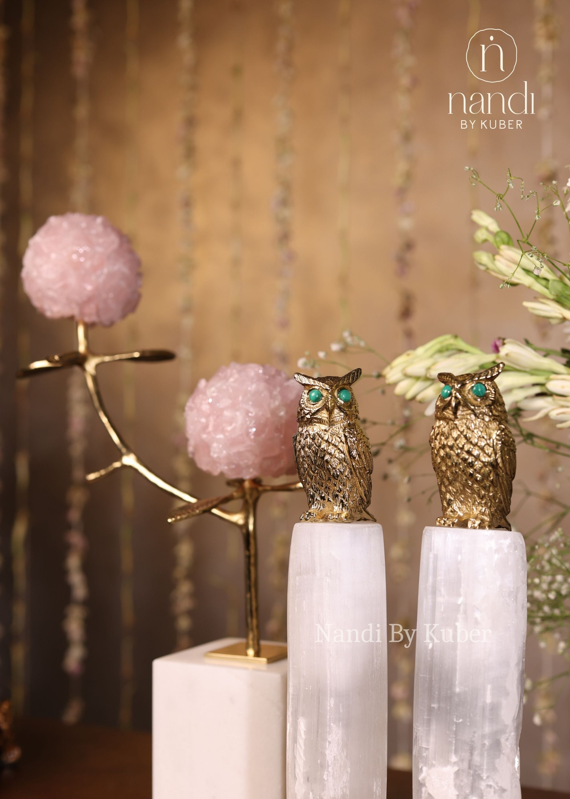 Owl on Selenite Crystal Pillar Pair - front view