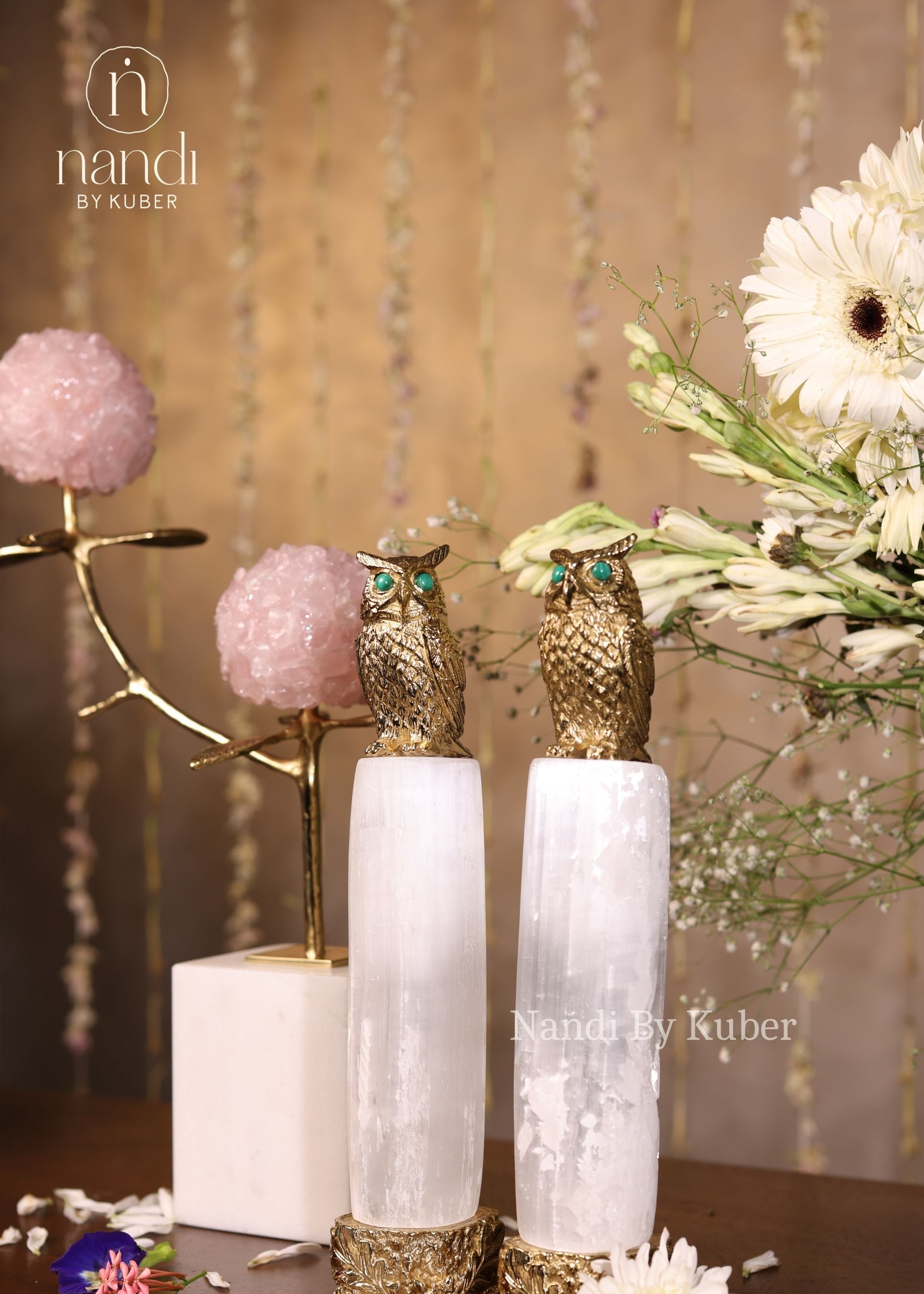 Owl on Selenite Crystal Pillar Pair - lifestyle view