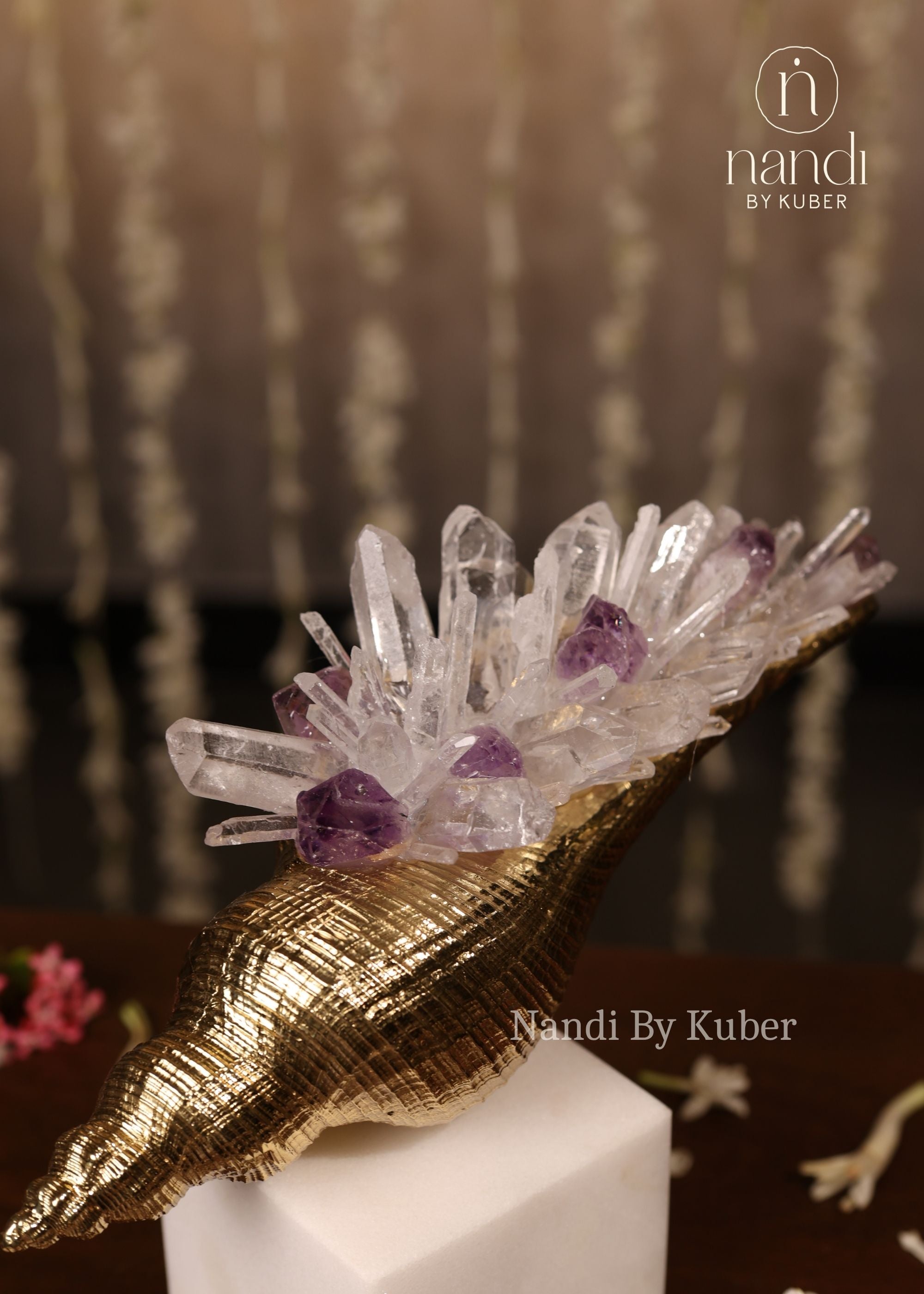 Shankh with Crystal Cluster - front view