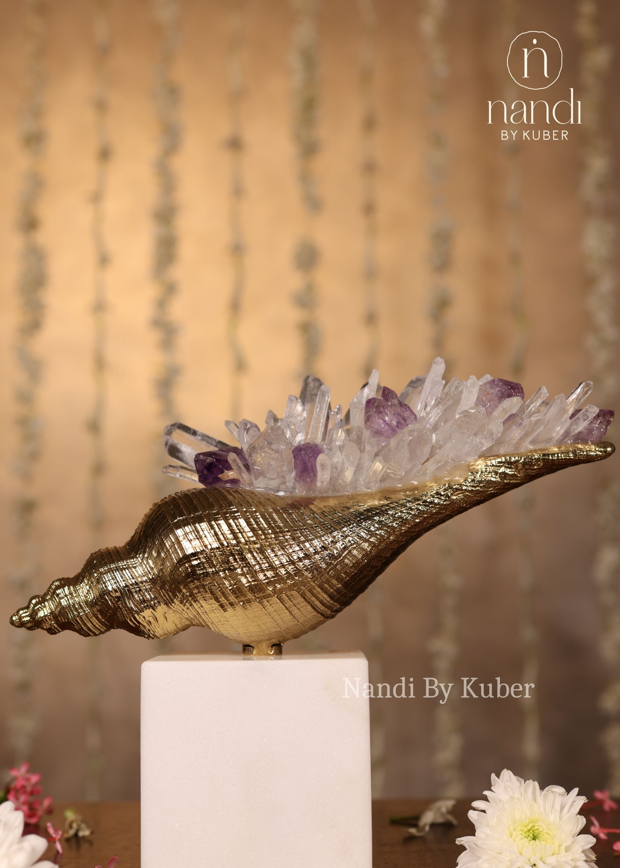 Shankh with Crystal Cluster - side view