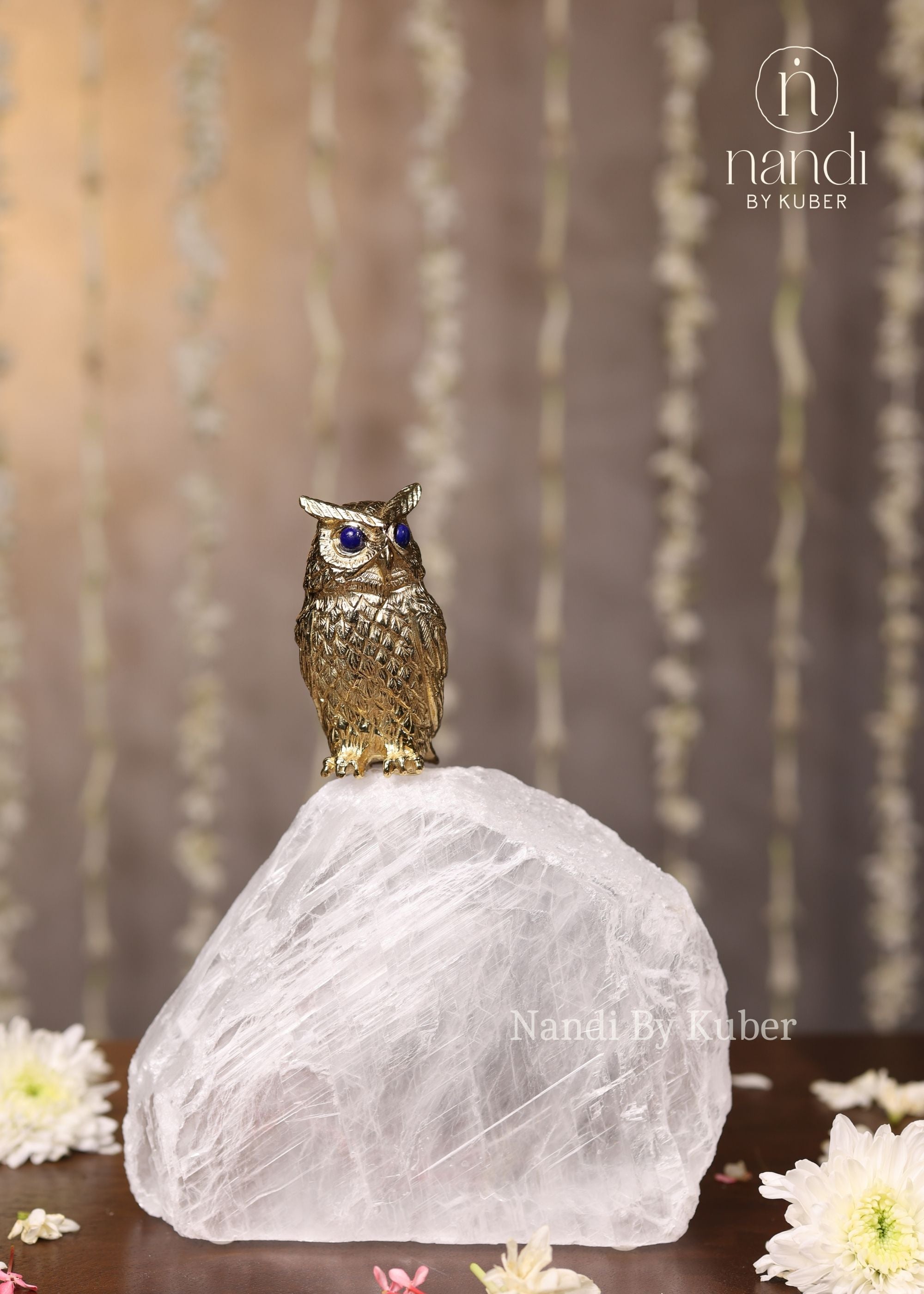 Owl on Selenite Crystal Rock - front view