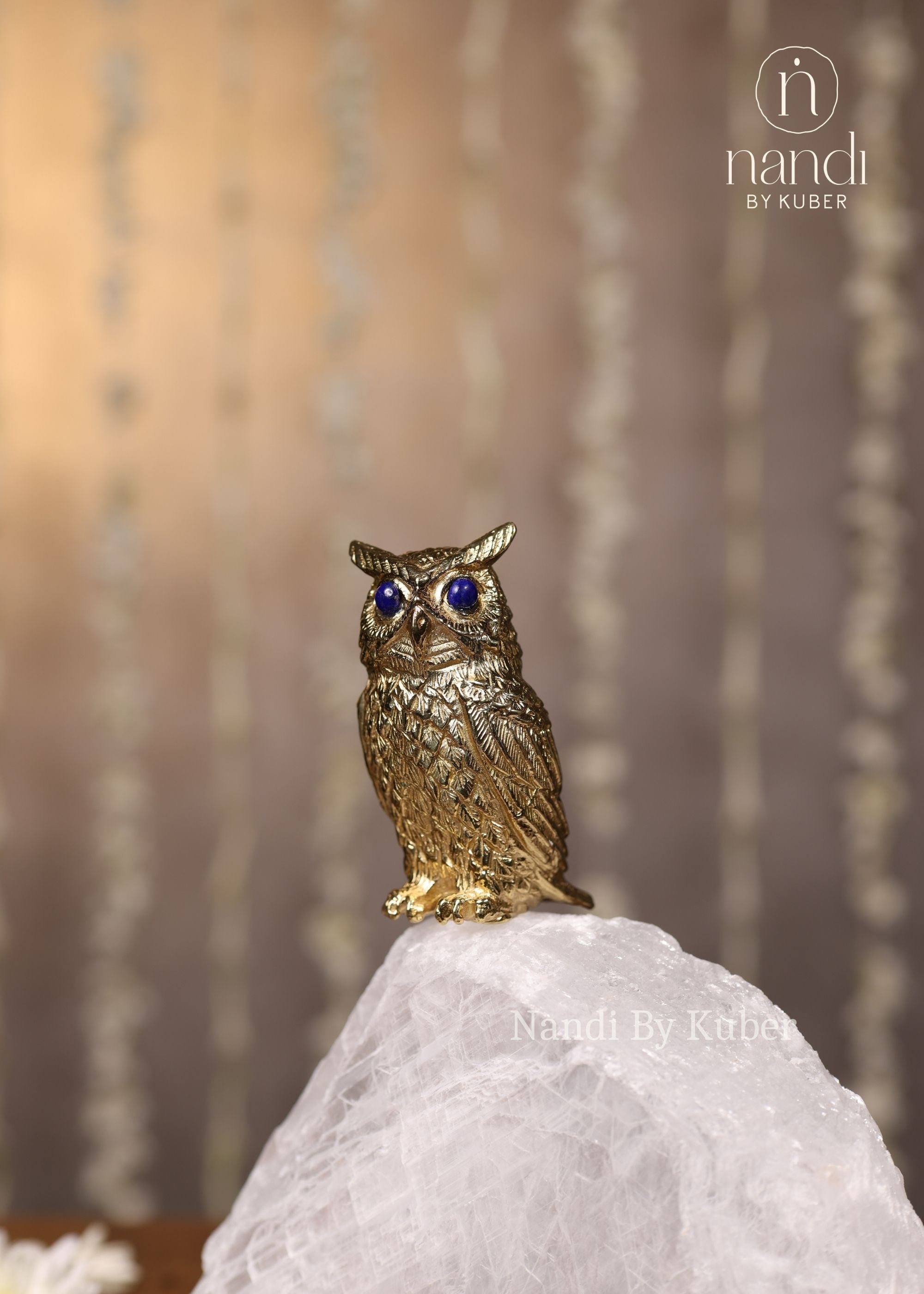 Owl on Selenite Crystal Rock - side view
