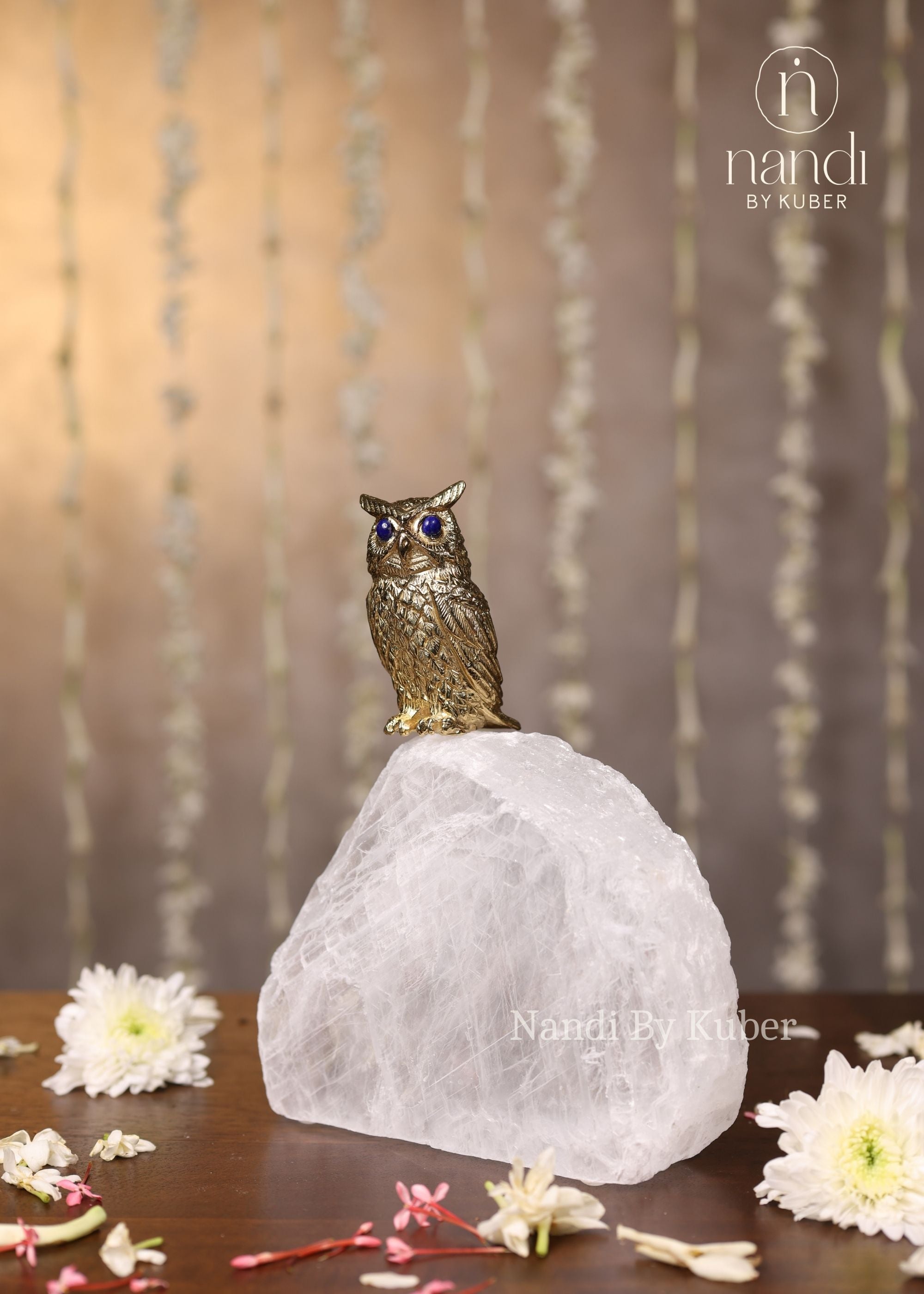 Owl on Selenite Crystal Rock - detail view