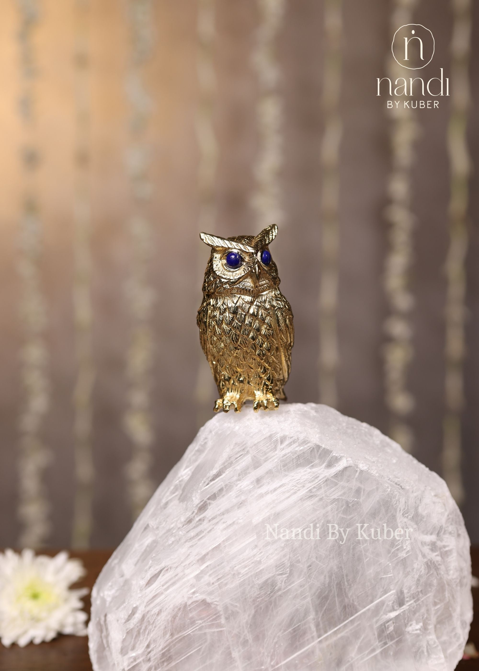 Owl on Selenite Crystal Rock - lifestyle view