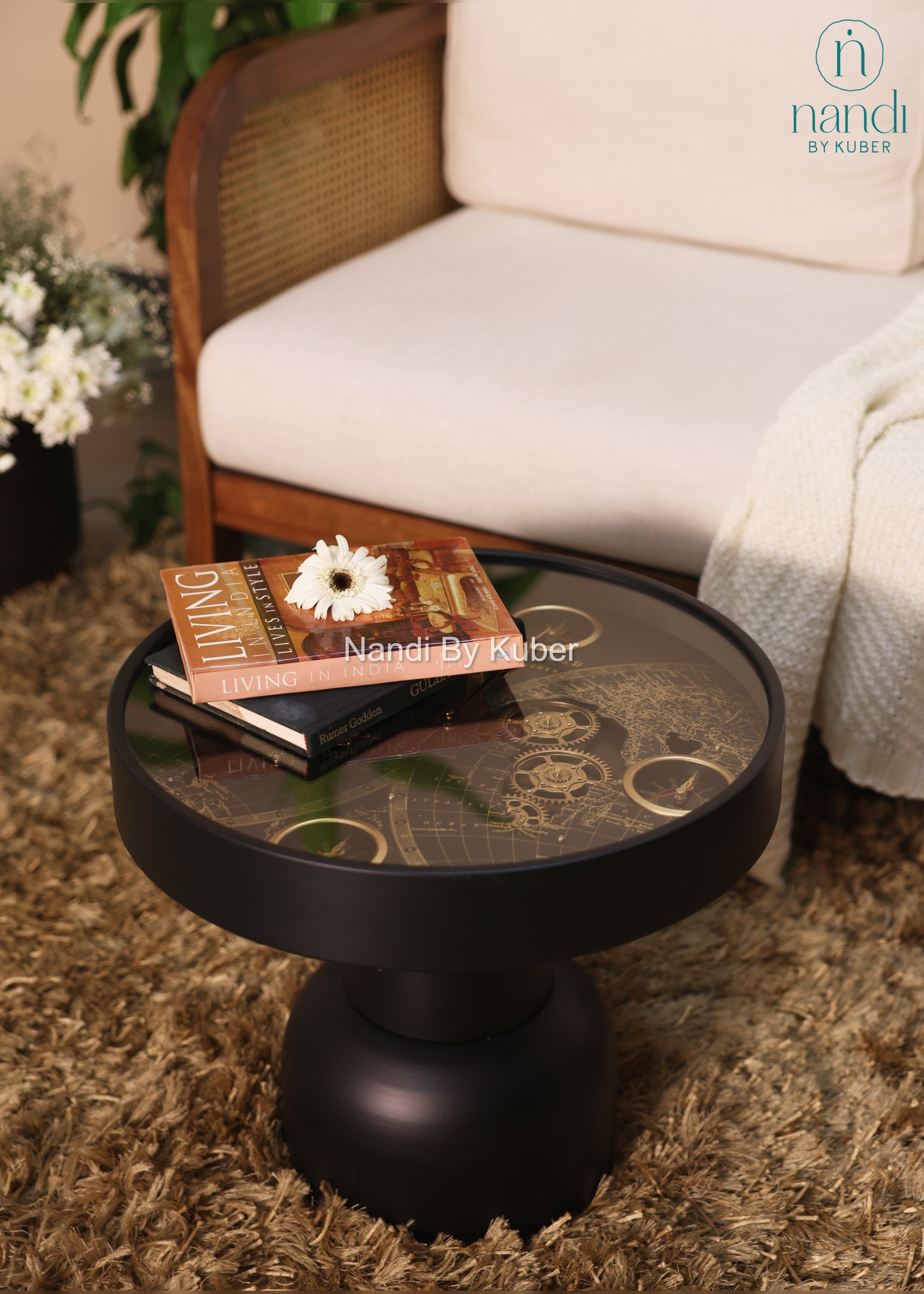 Iron Clock Coffee Table Matte Black Pedestal - front view