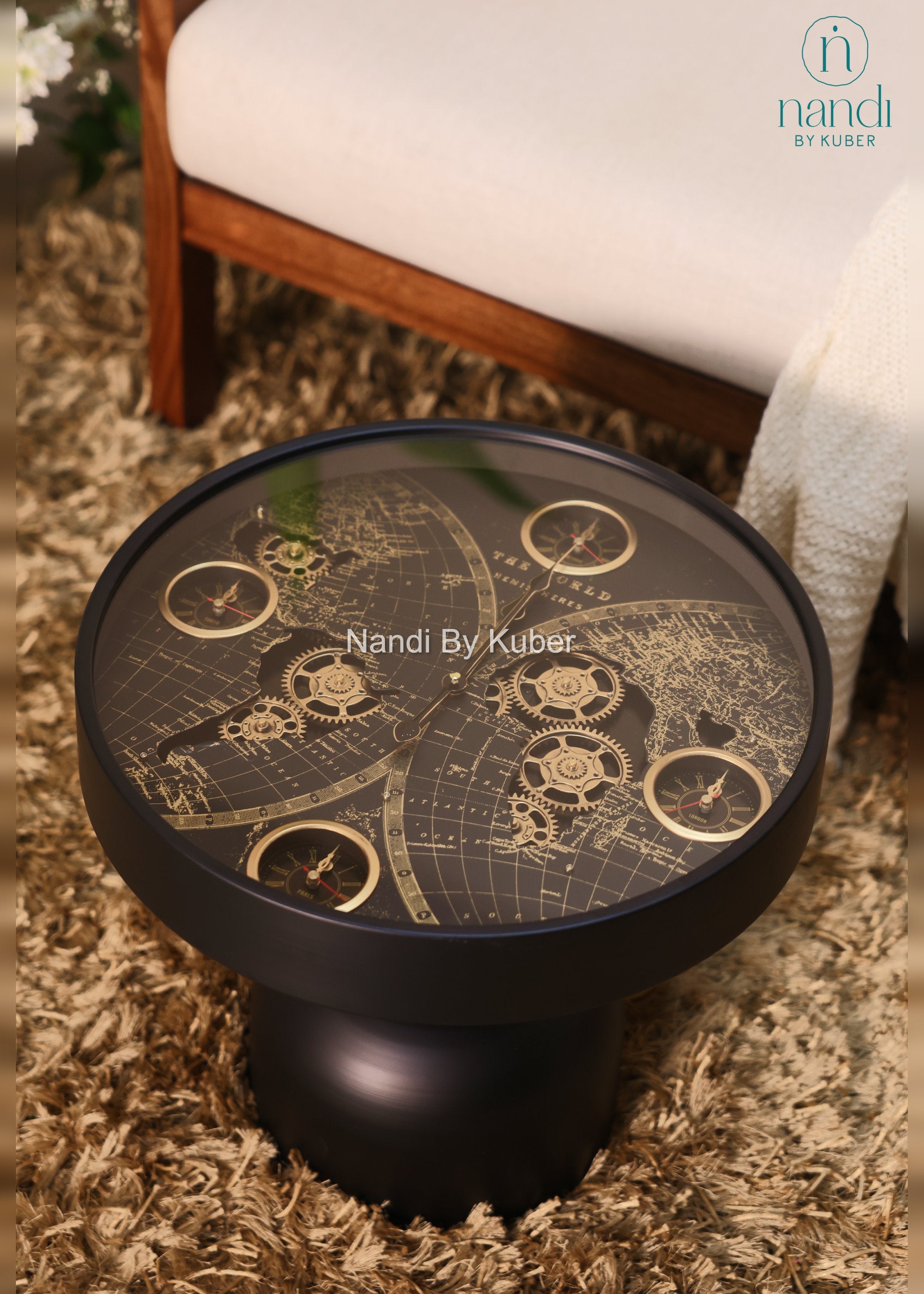 Iron Clock Coffee Table Matte Black Pedestal - side view