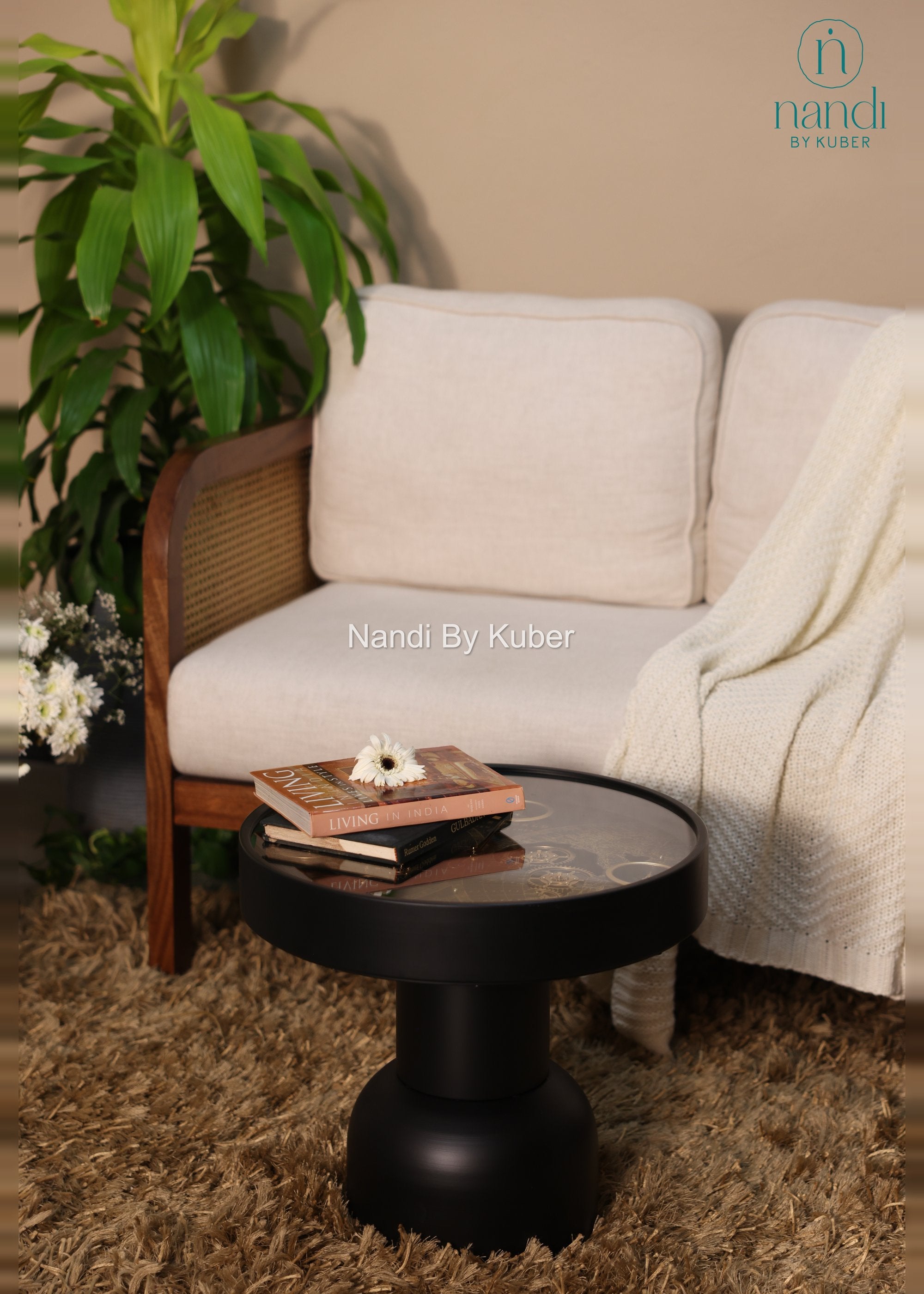 Iron Clock Coffee Table Matte Black Pedestal - lifestyle view
