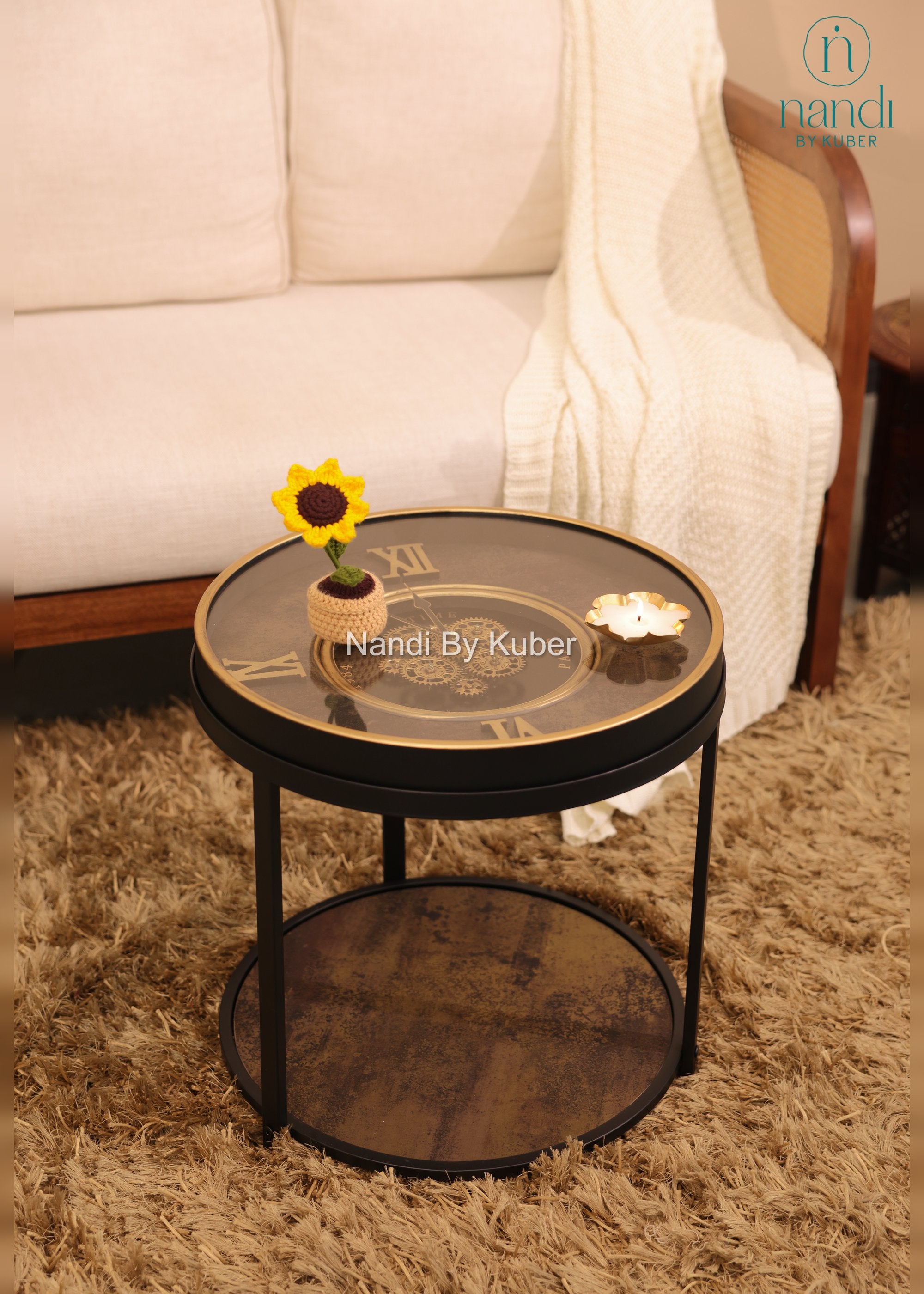 Iron Clock Coffee Table Two-Tier Design - front view