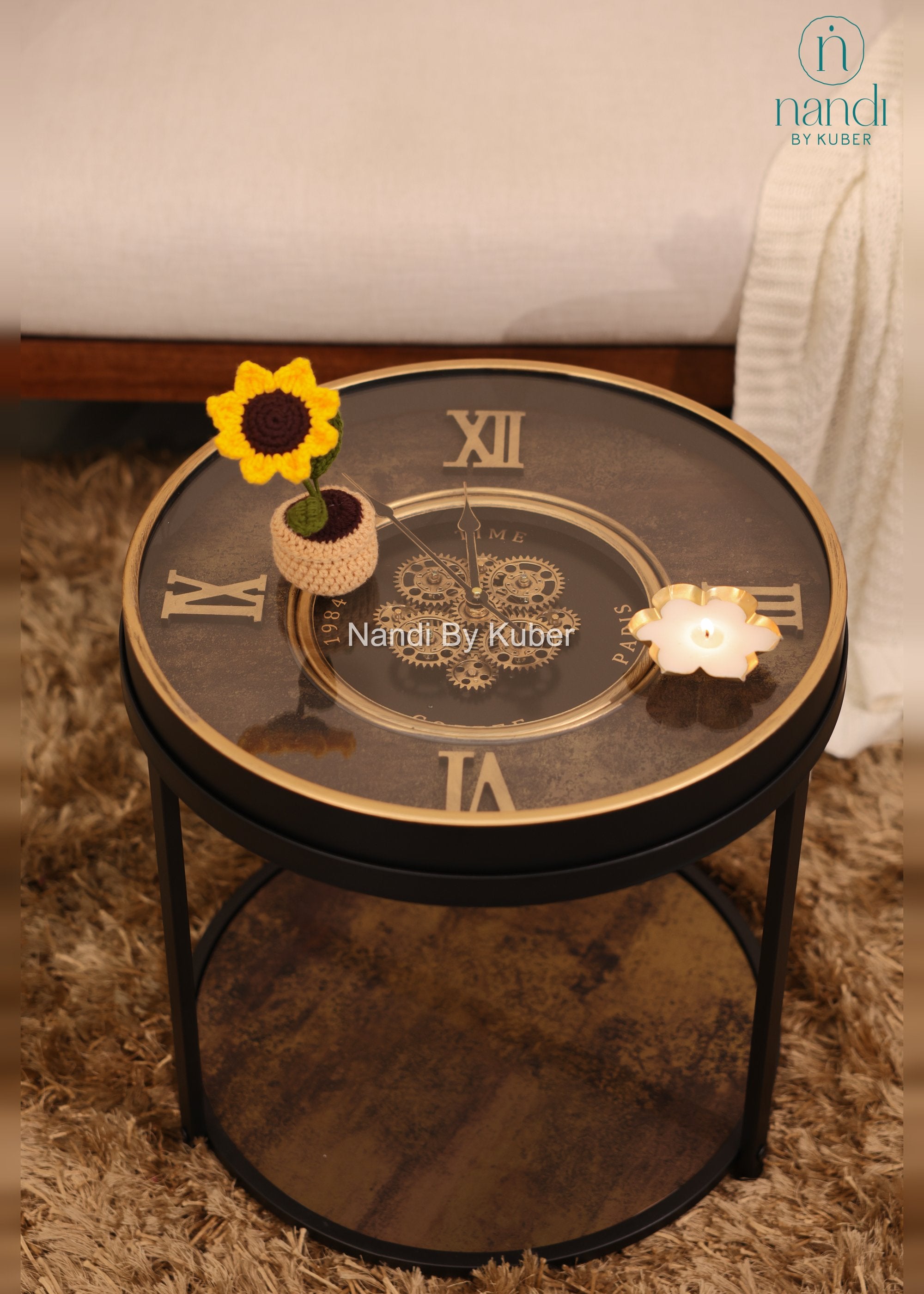 Iron Clock Coffee Table Two-Tier Design - side view