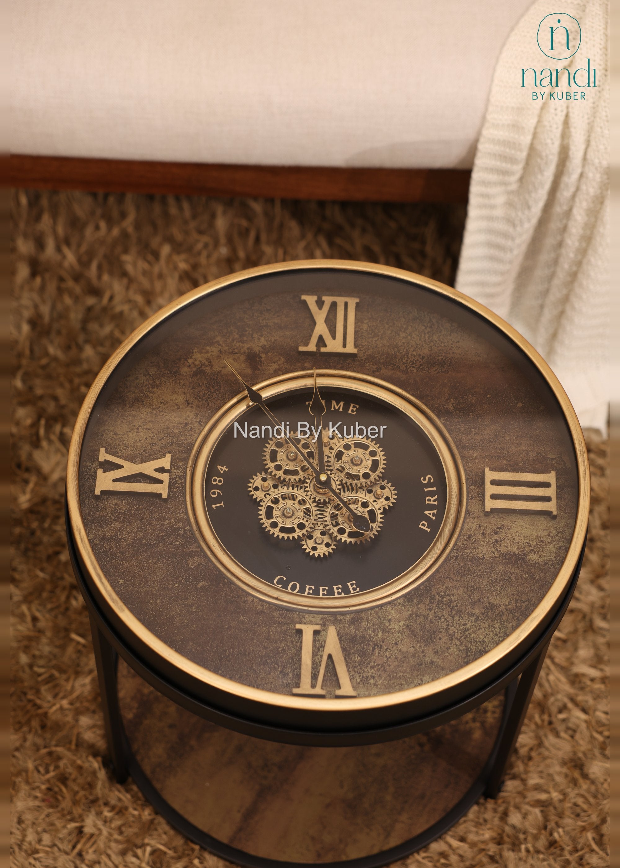 Iron Clock Coffee Table Two-Tier Design - detail view