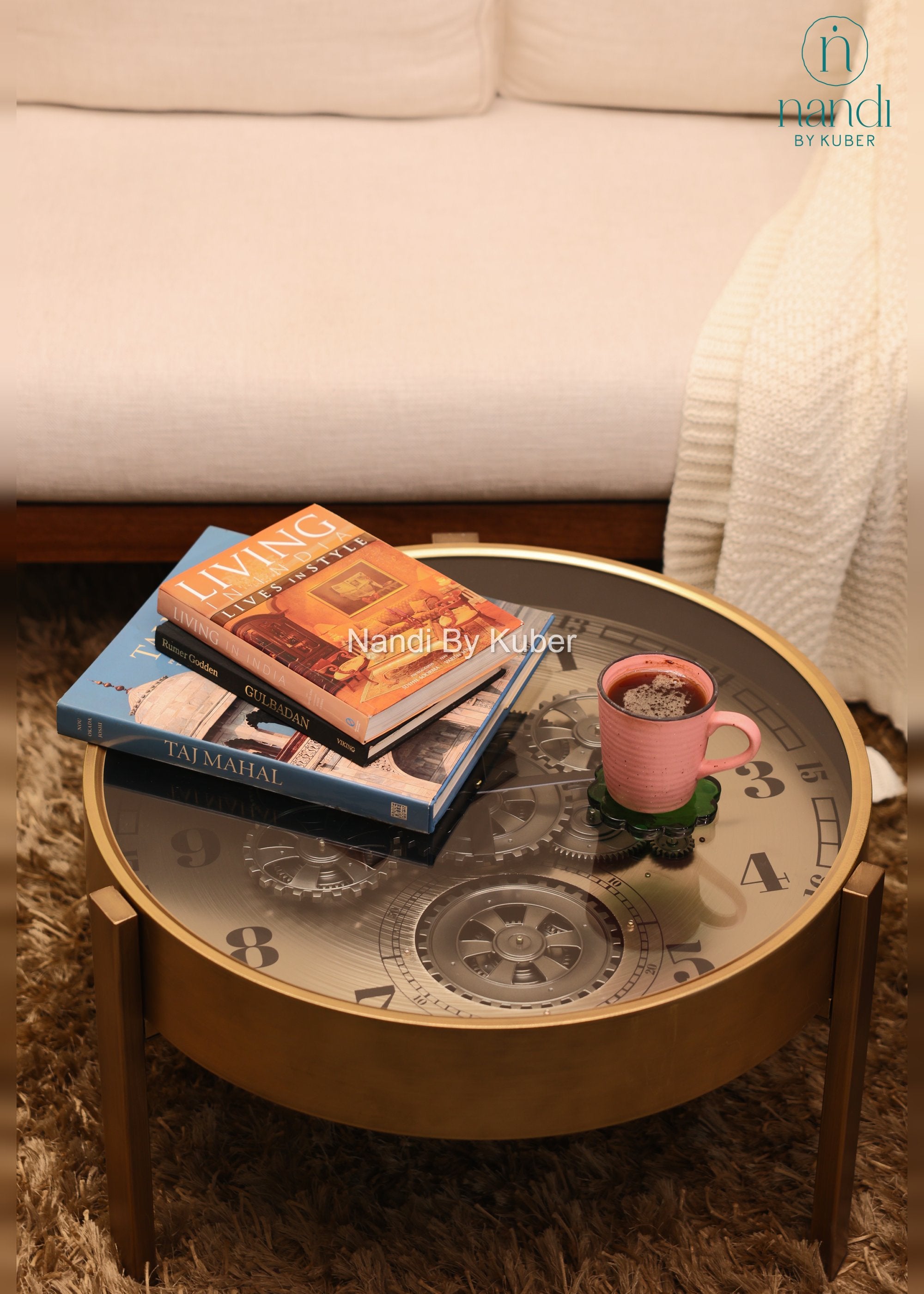 Iron Clock Coffee Table Bronze Drum Base - front view