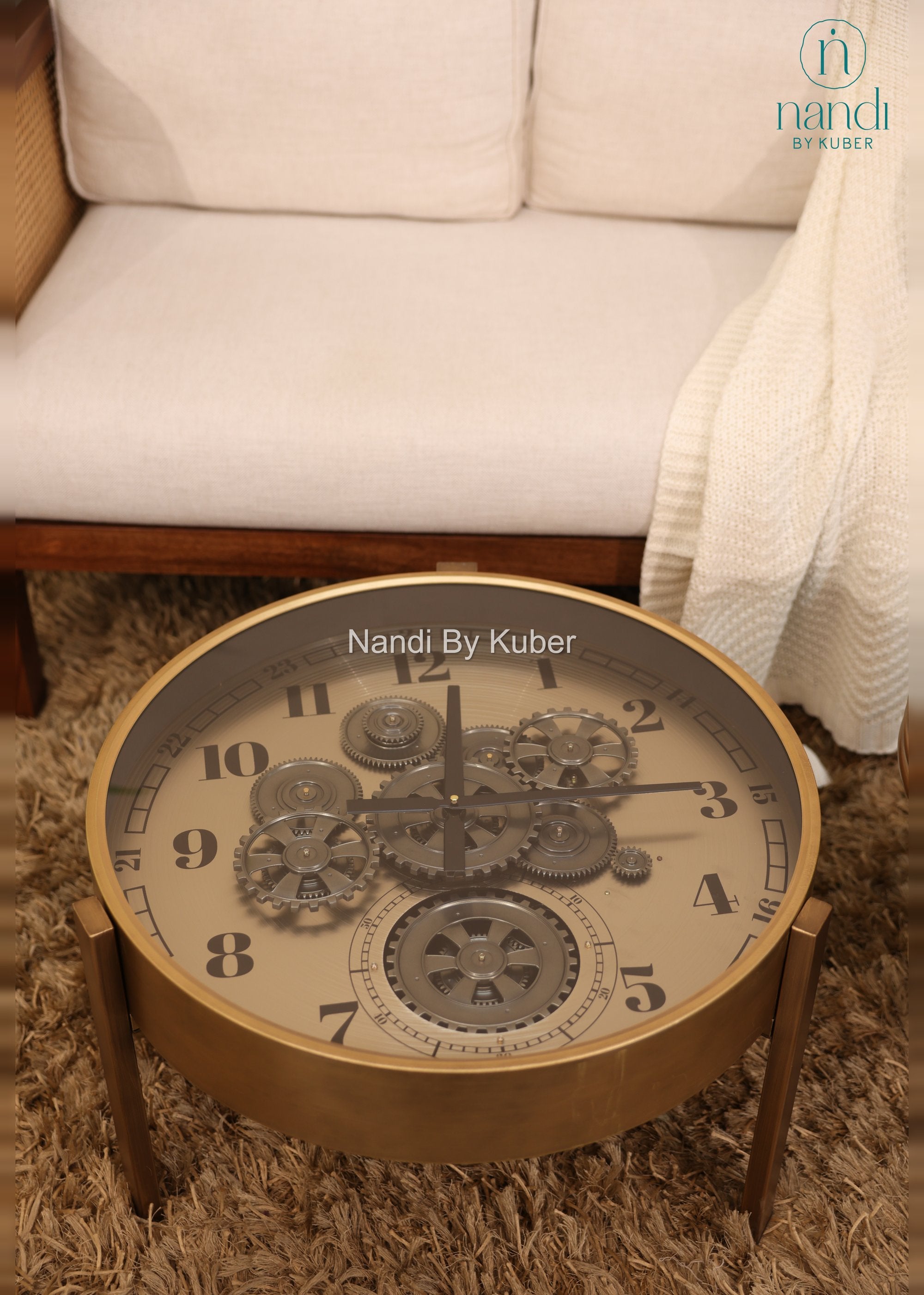 Iron Clock Coffee Table Bronze Drum Base - side view