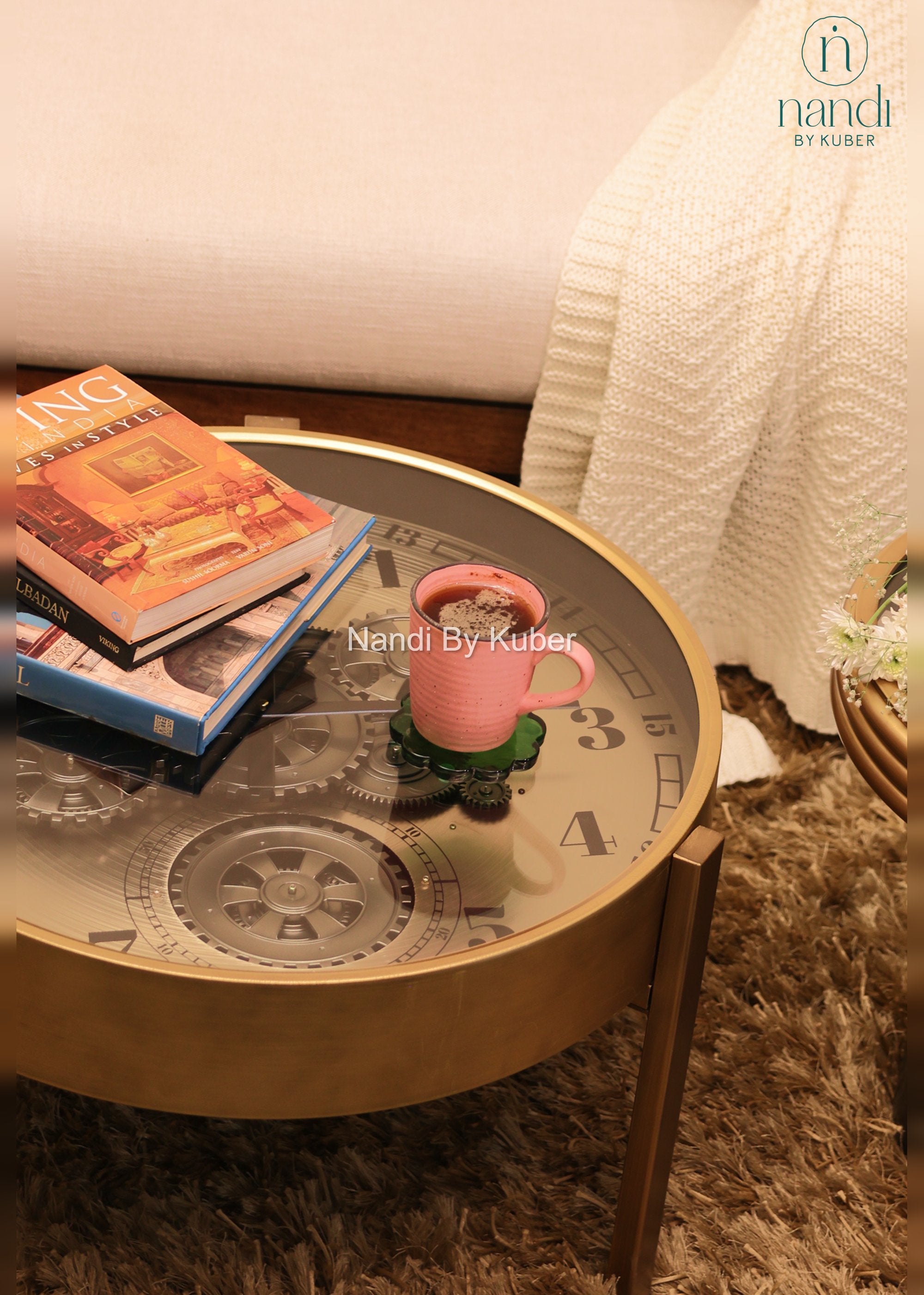 Iron Clock Coffee Table Bronze Drum Base - lifestyle view