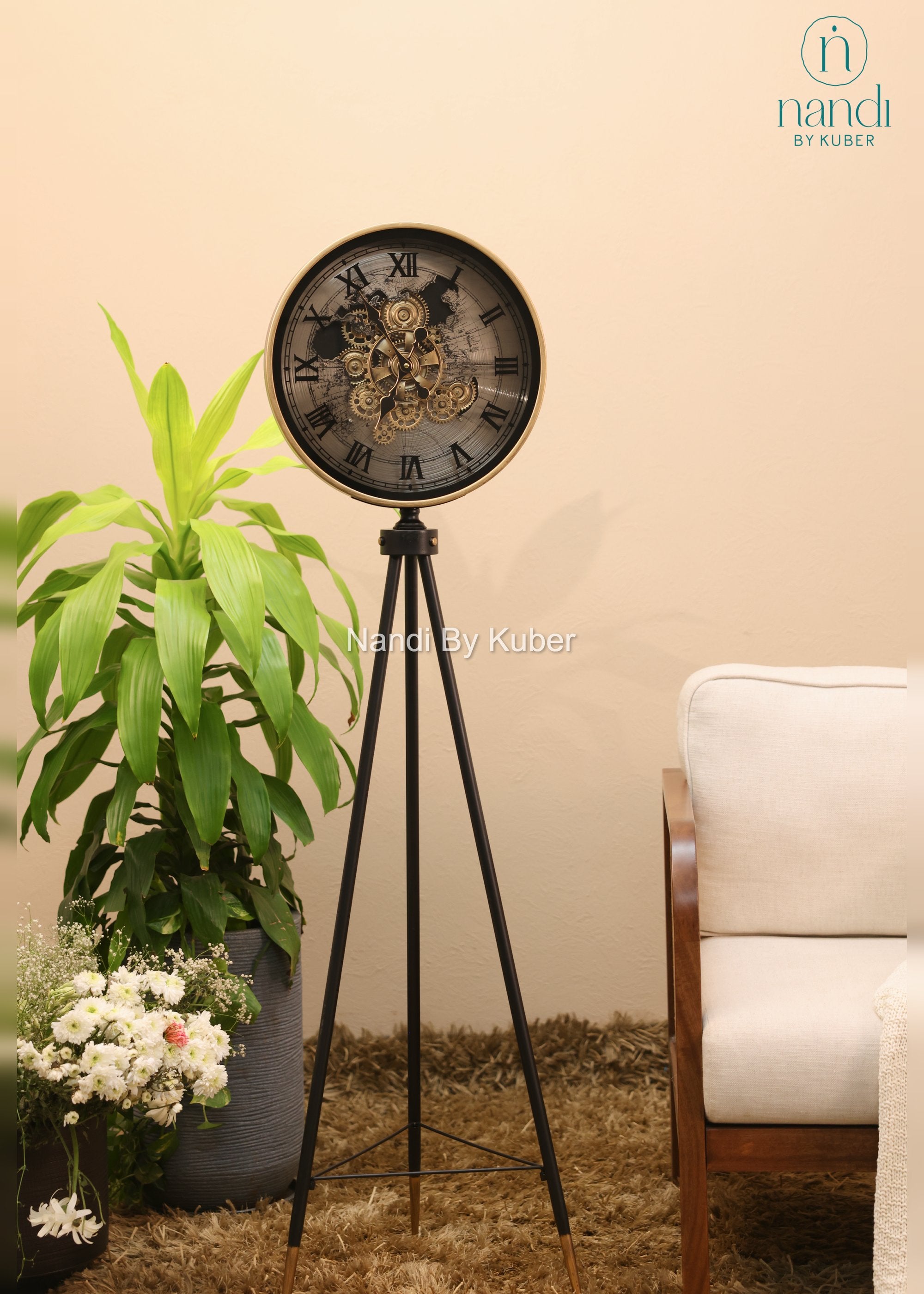 Iron Tripod Stand Clock Black Frame - front view