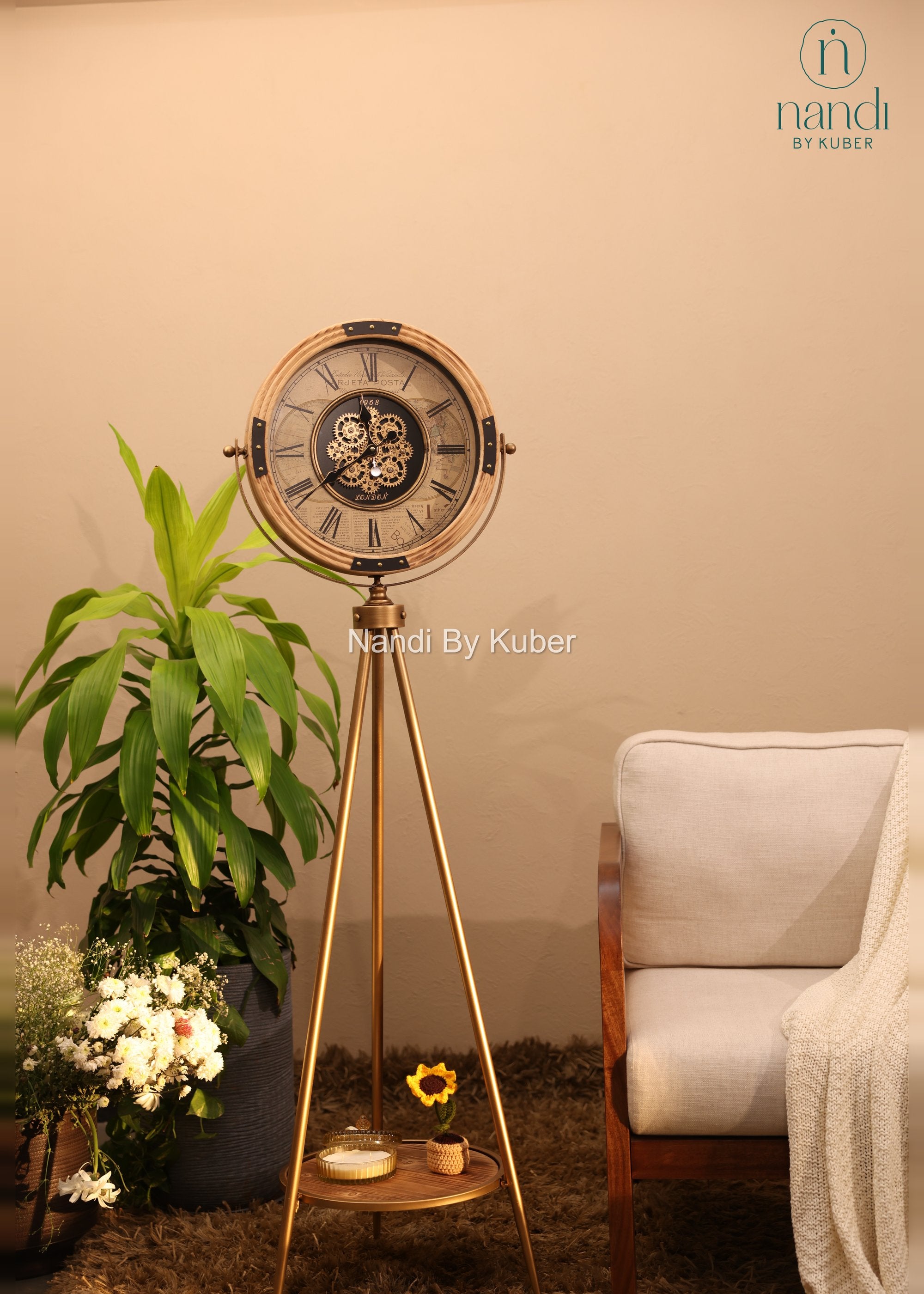 Iron Tripod Stand Clock Brass Frame with Shelf - front view