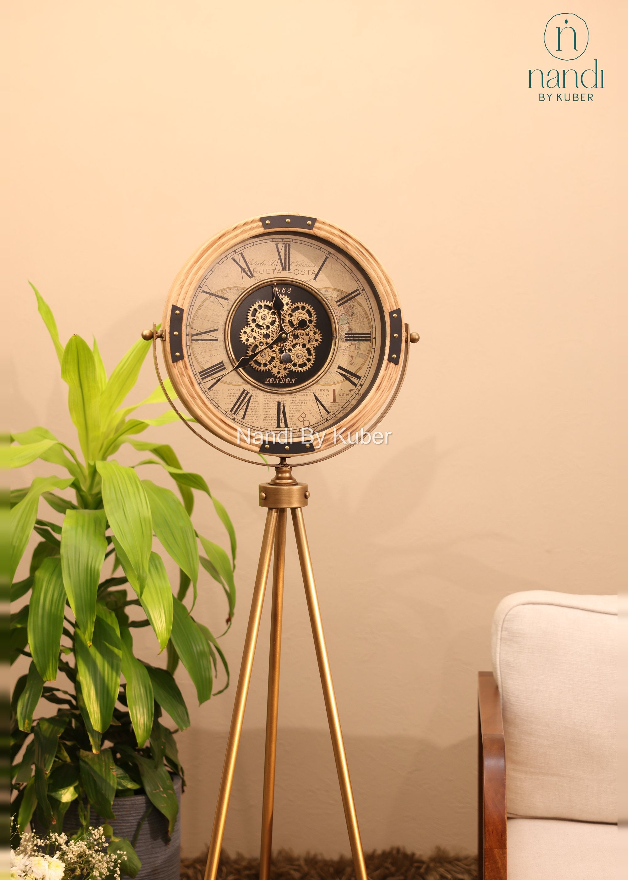 Iron Tripod Stand Clock Brass Frame with Shelf - side view