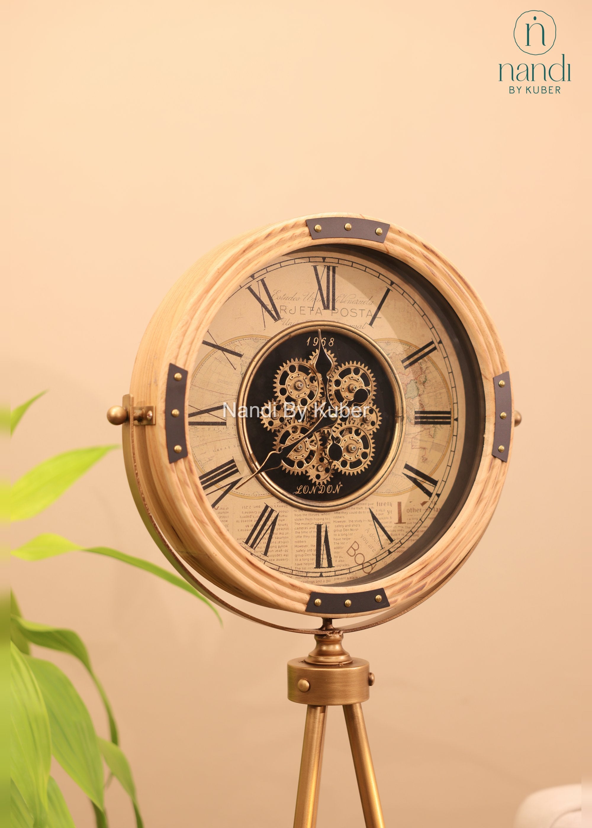 Iron Tripod Stand Clock Brass Frame with Shelf - detail view