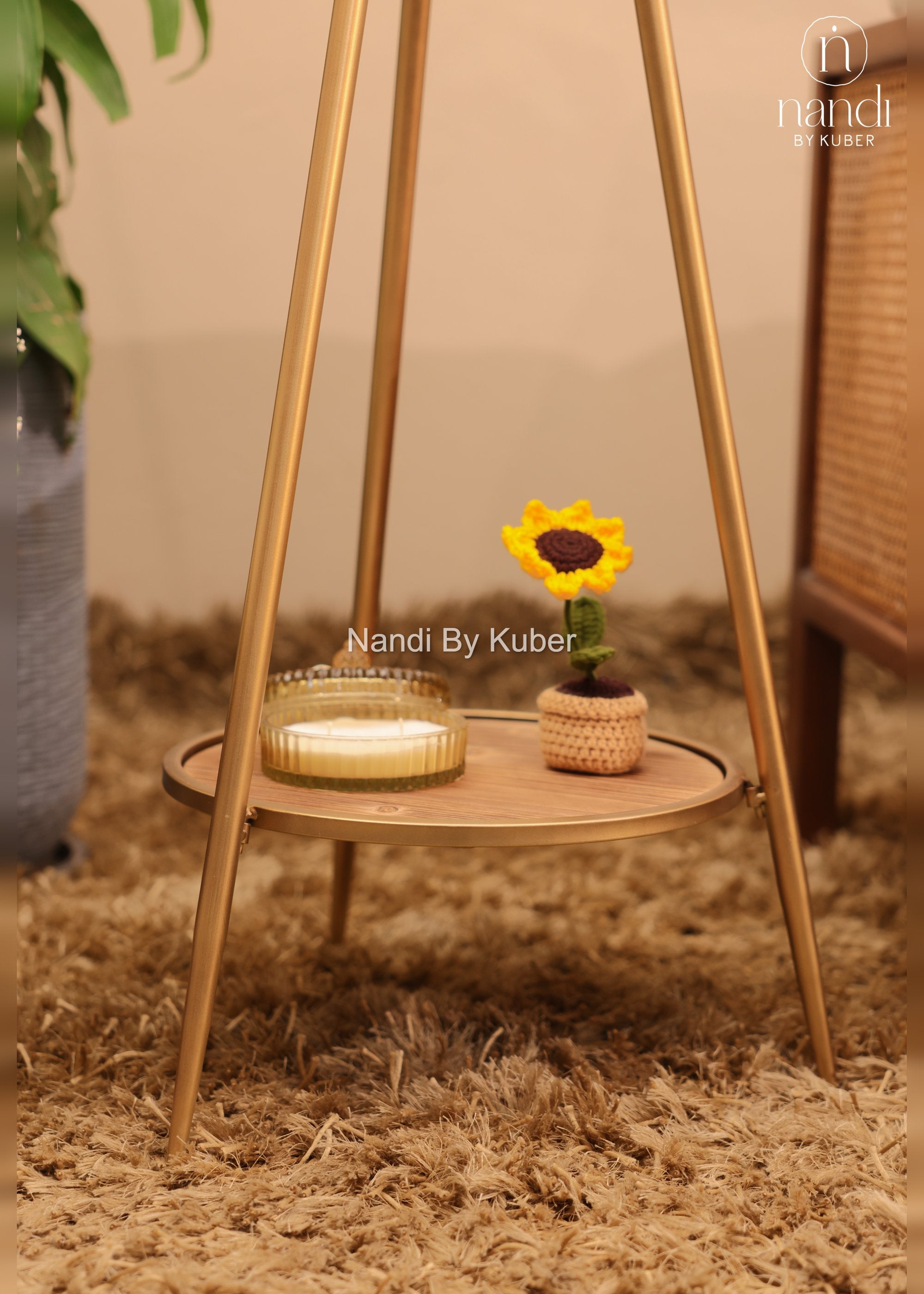 Iron Tripod Stand Clock Brass Frame with Shelf - lifestyle view