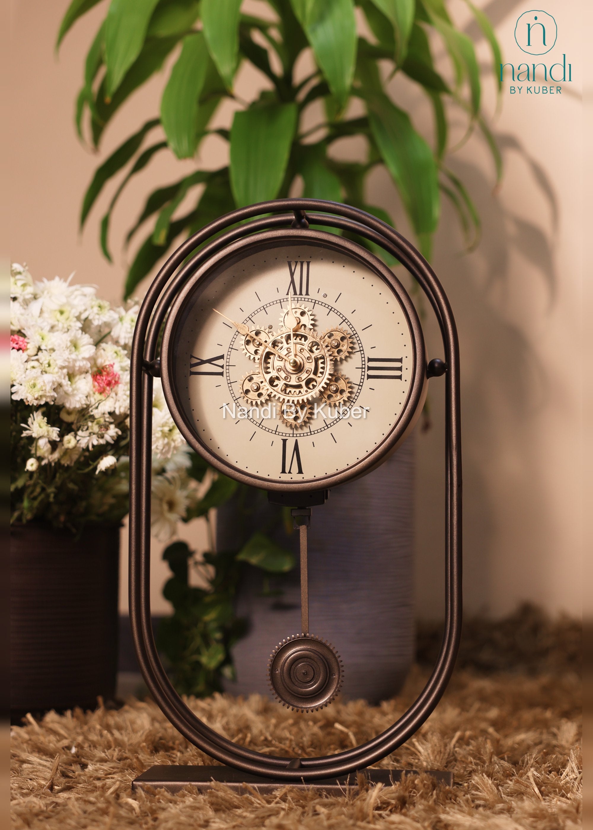 Iron Wall Clock Oval Frame with Pendulum - front view