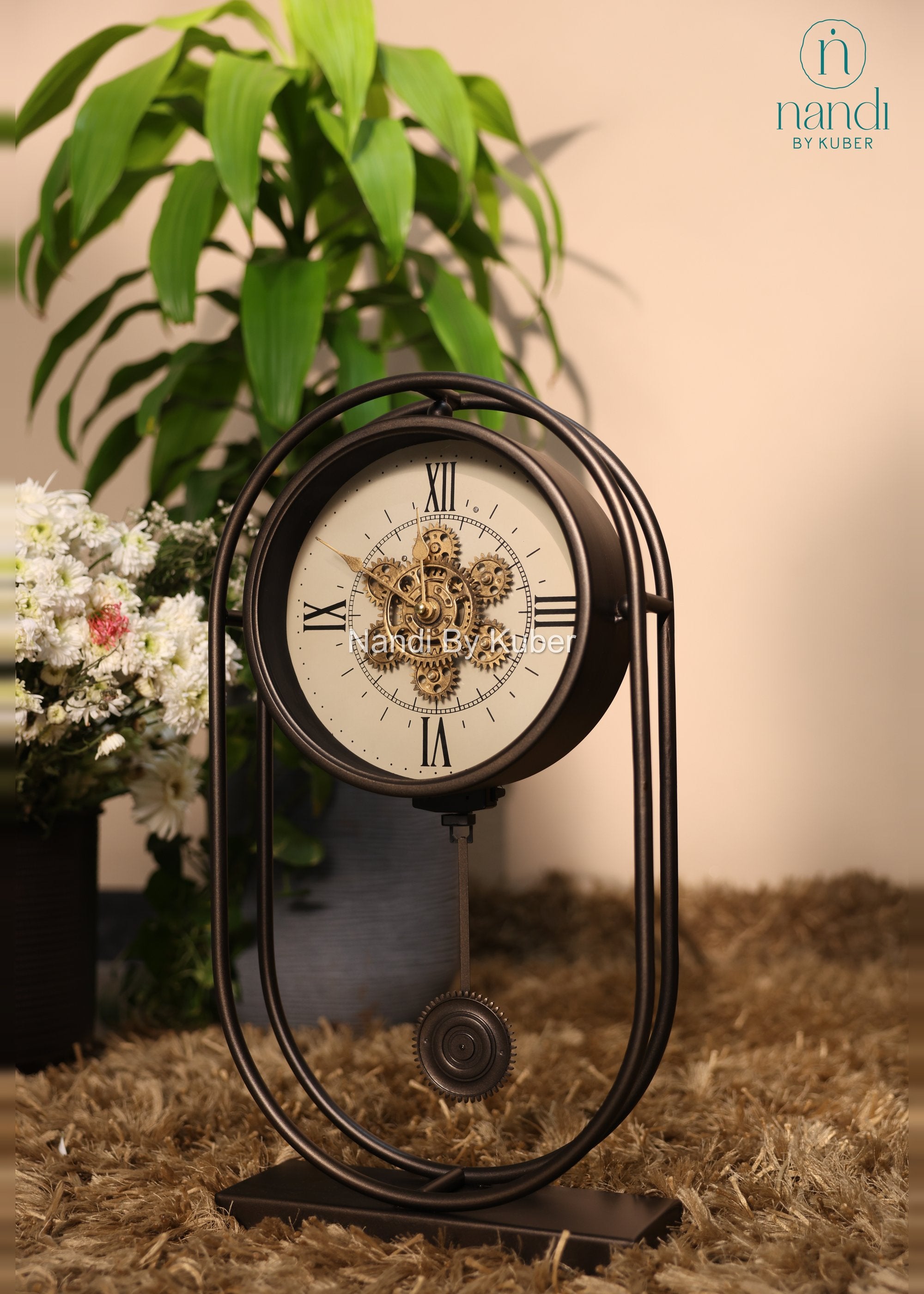 Iron Wall Clock Oval Frame with Pendulum - side view