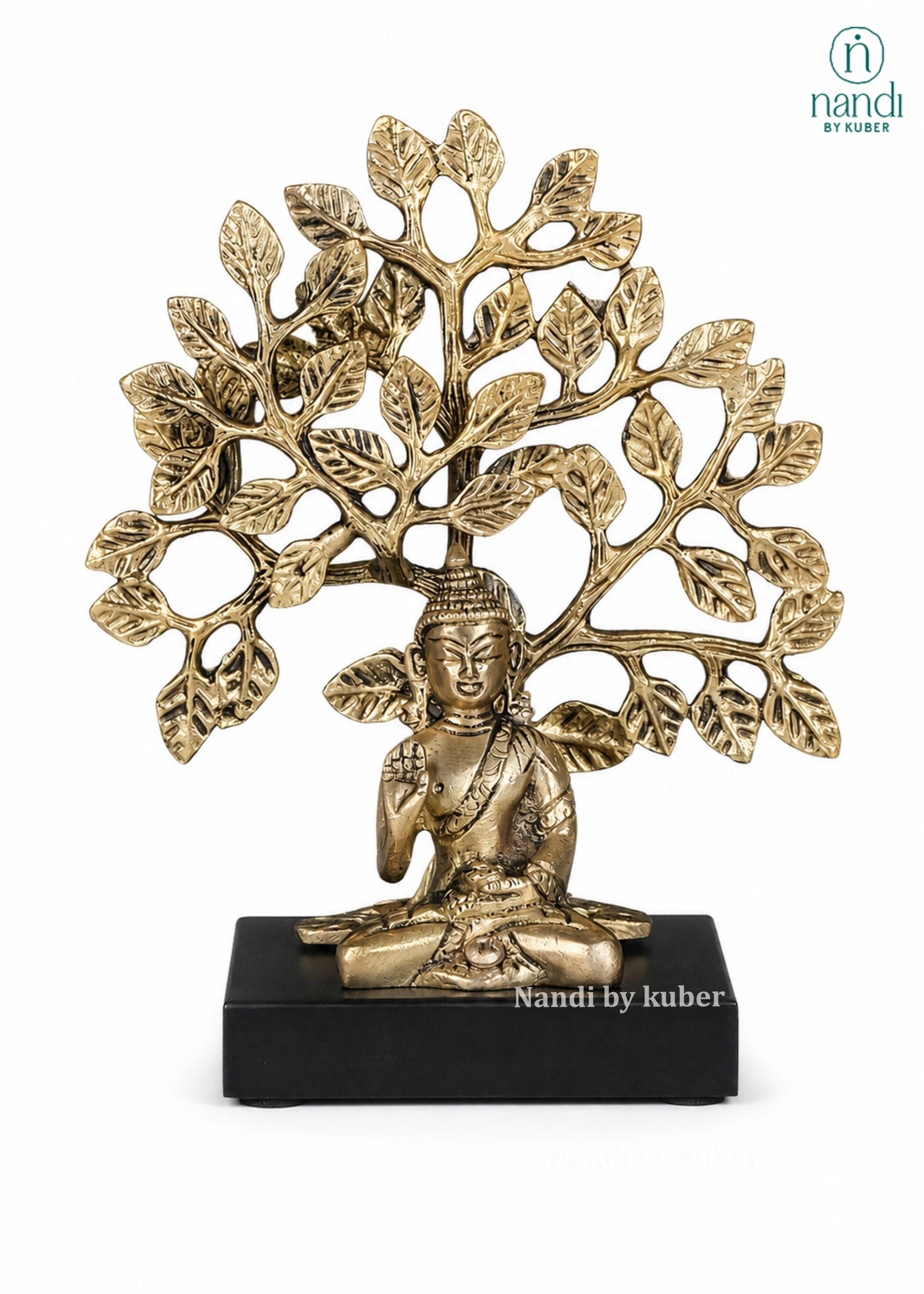 Brass Buddha With Bodhi Tree - front view