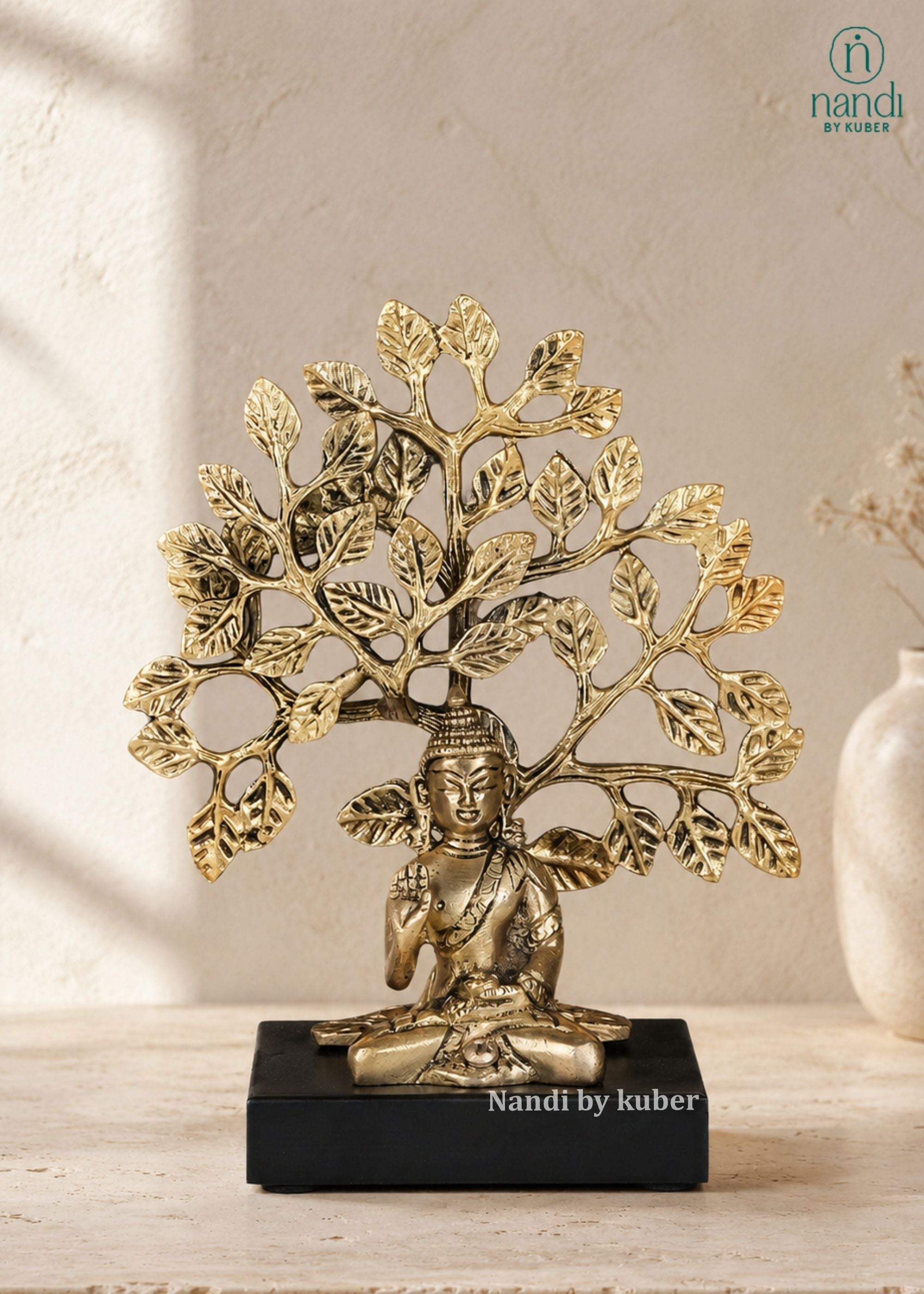 Brass Buddha With Bodhi Tree - side view
