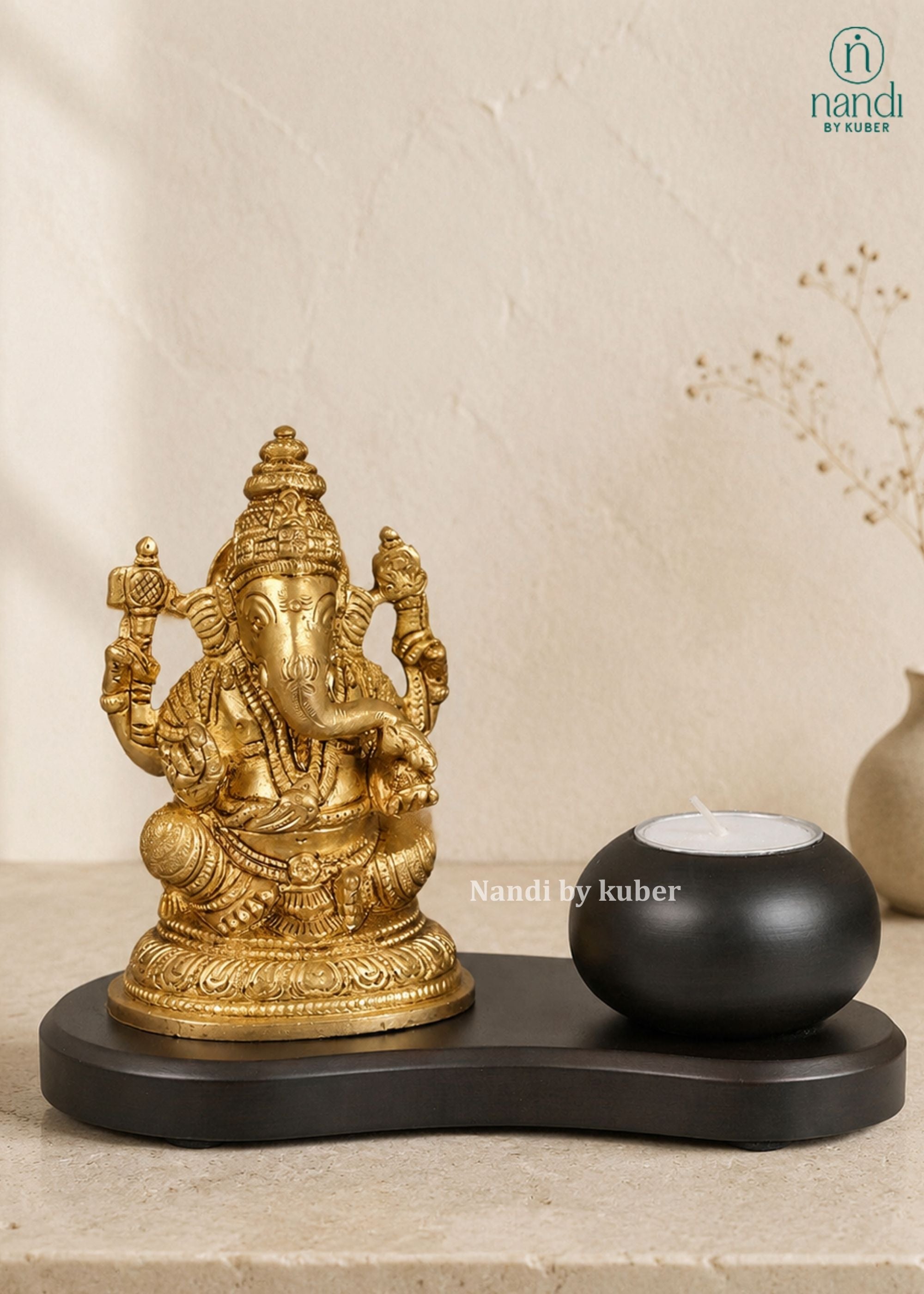 Brass Ganesha with T-Lite - side view