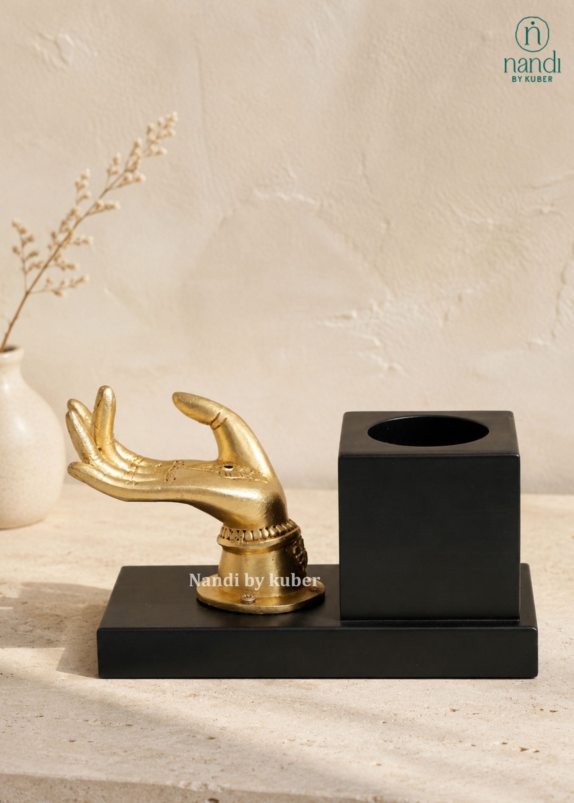 Brass Visiting Card Holder with Wooden Pen Stand - front view