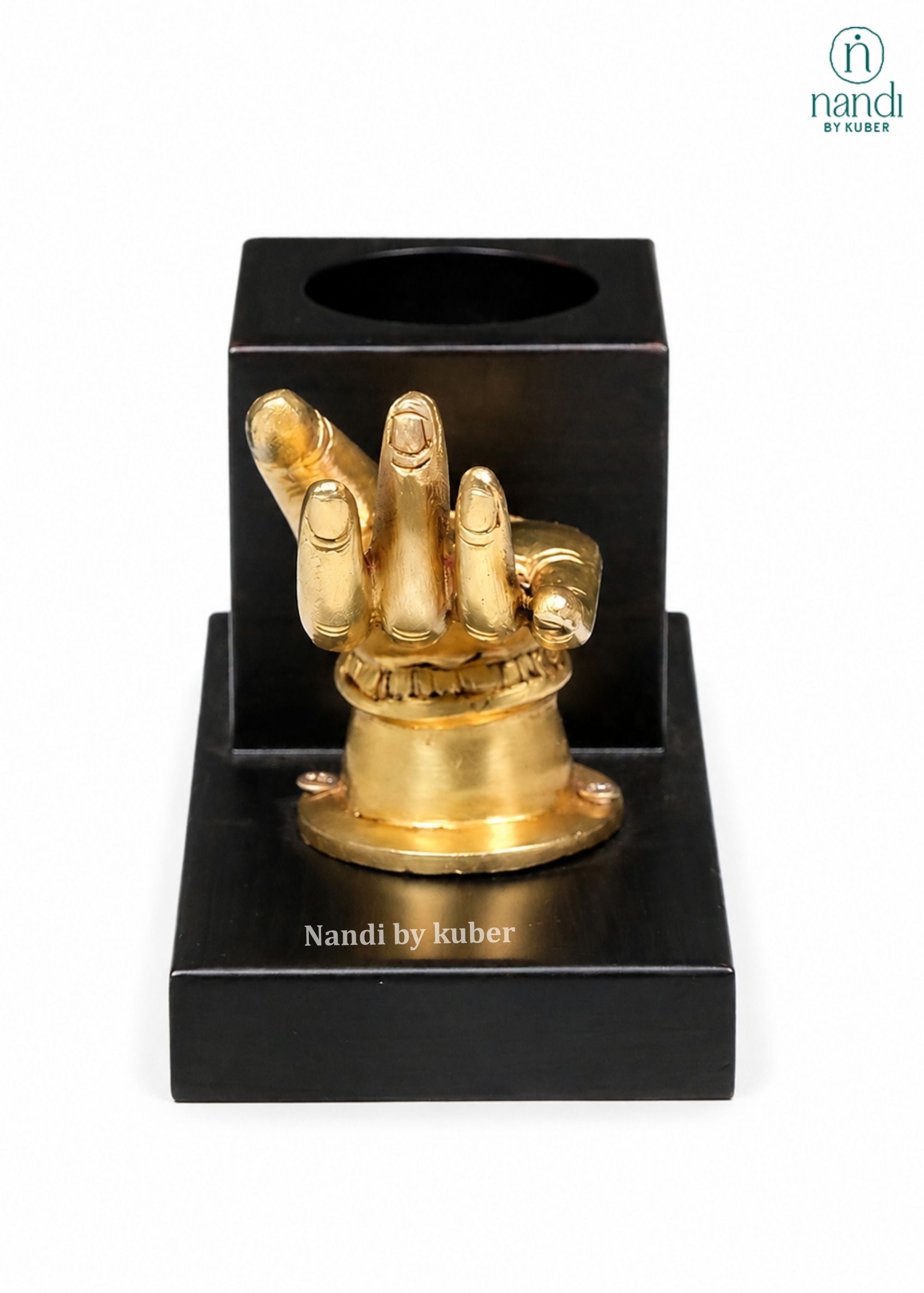 Brass Visiting Card Holder with Wooden Pen Stand - side view