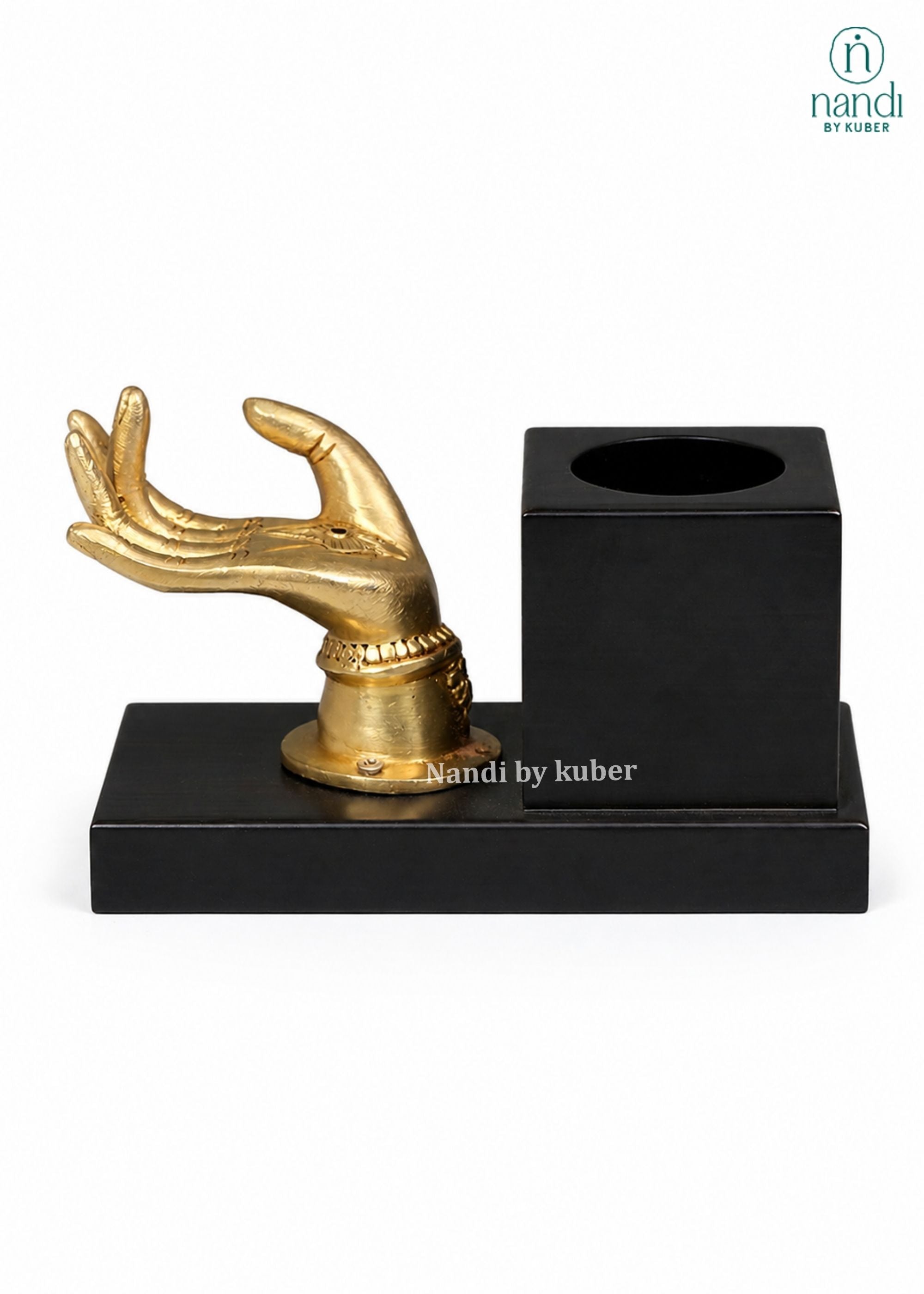 Brass Visiting Card Holder with Wooden Pen Stand - detail view