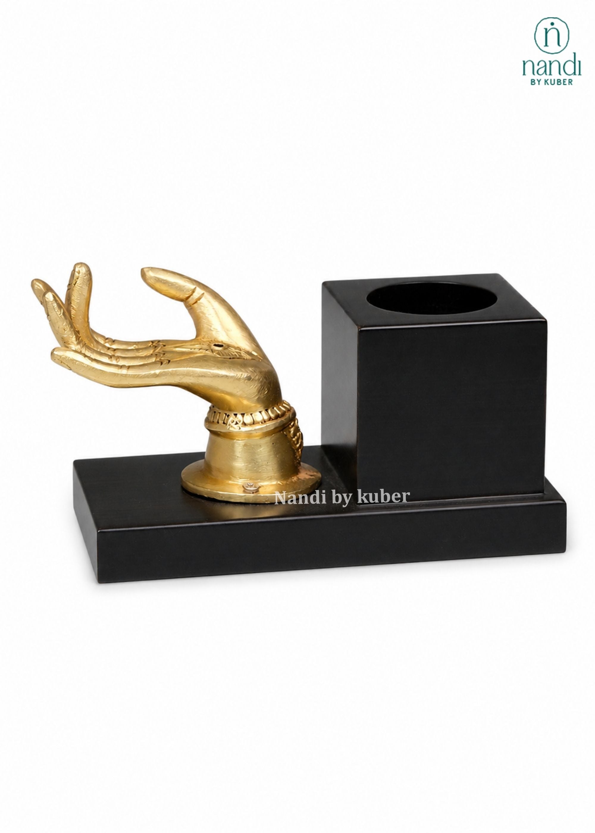 Brass Visiting Card Holder with Wooden Pen Stand - lifestyle view